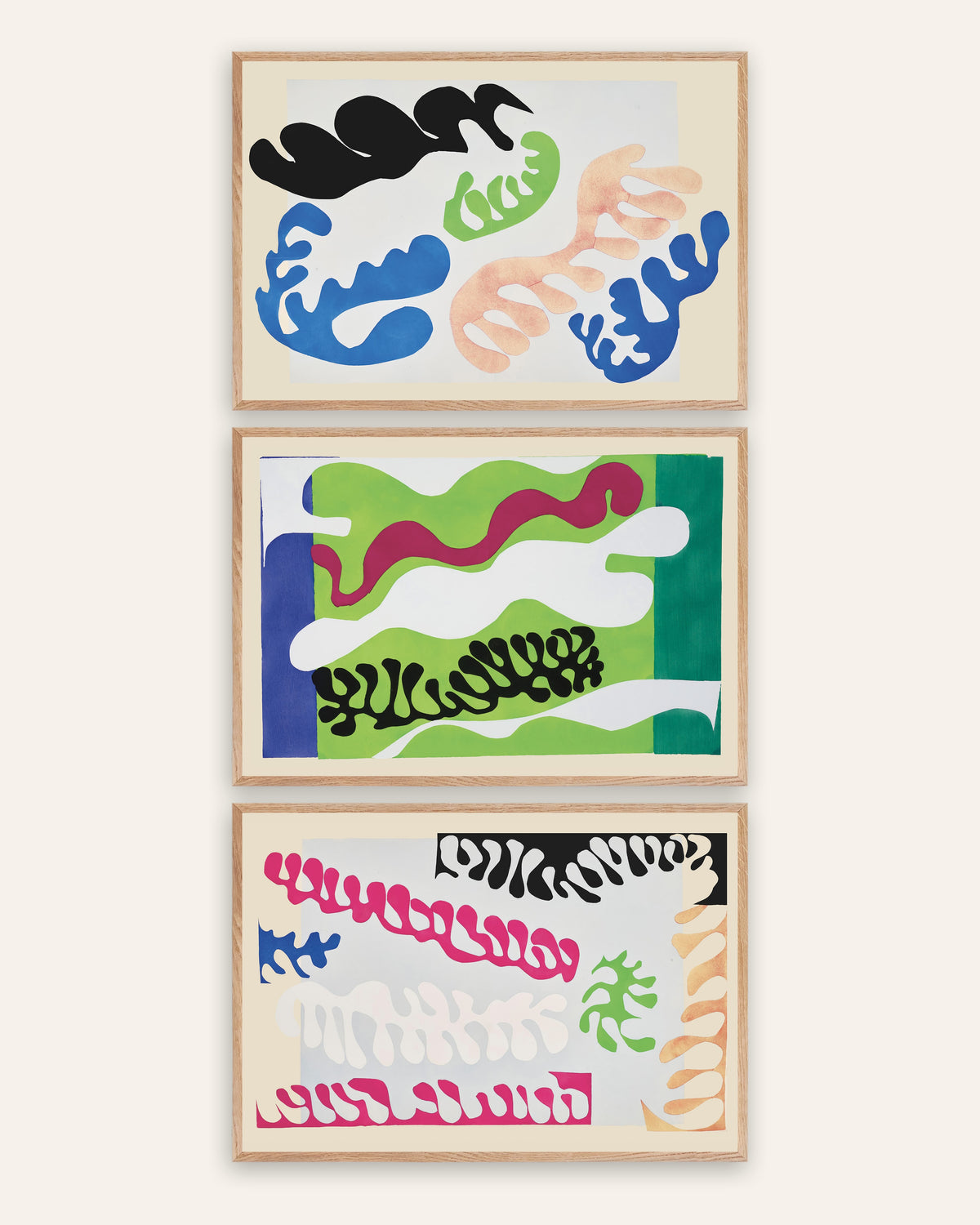 Matisse Jazz Prints Set of 3 – The Lagoon in Blue, Green and Pink, prints in natural oak frames