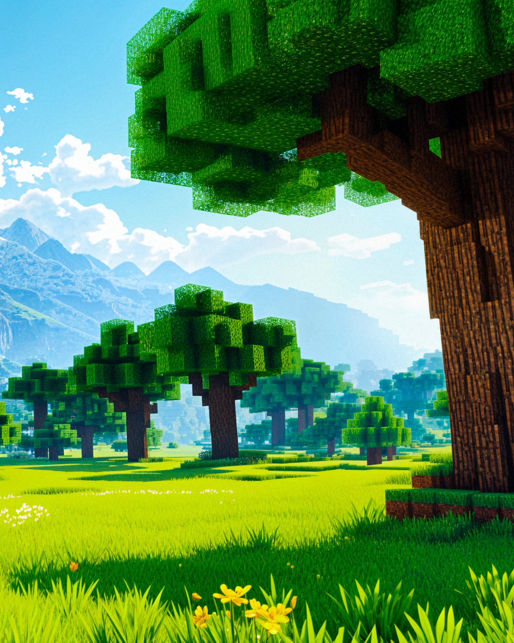 A blocky, voxel-style landscape scene with green trees, grassy fields, distant blue mountains, and a bright sky. The trees and terrain have a digital game-engine look rather than a photographic real-world setting.