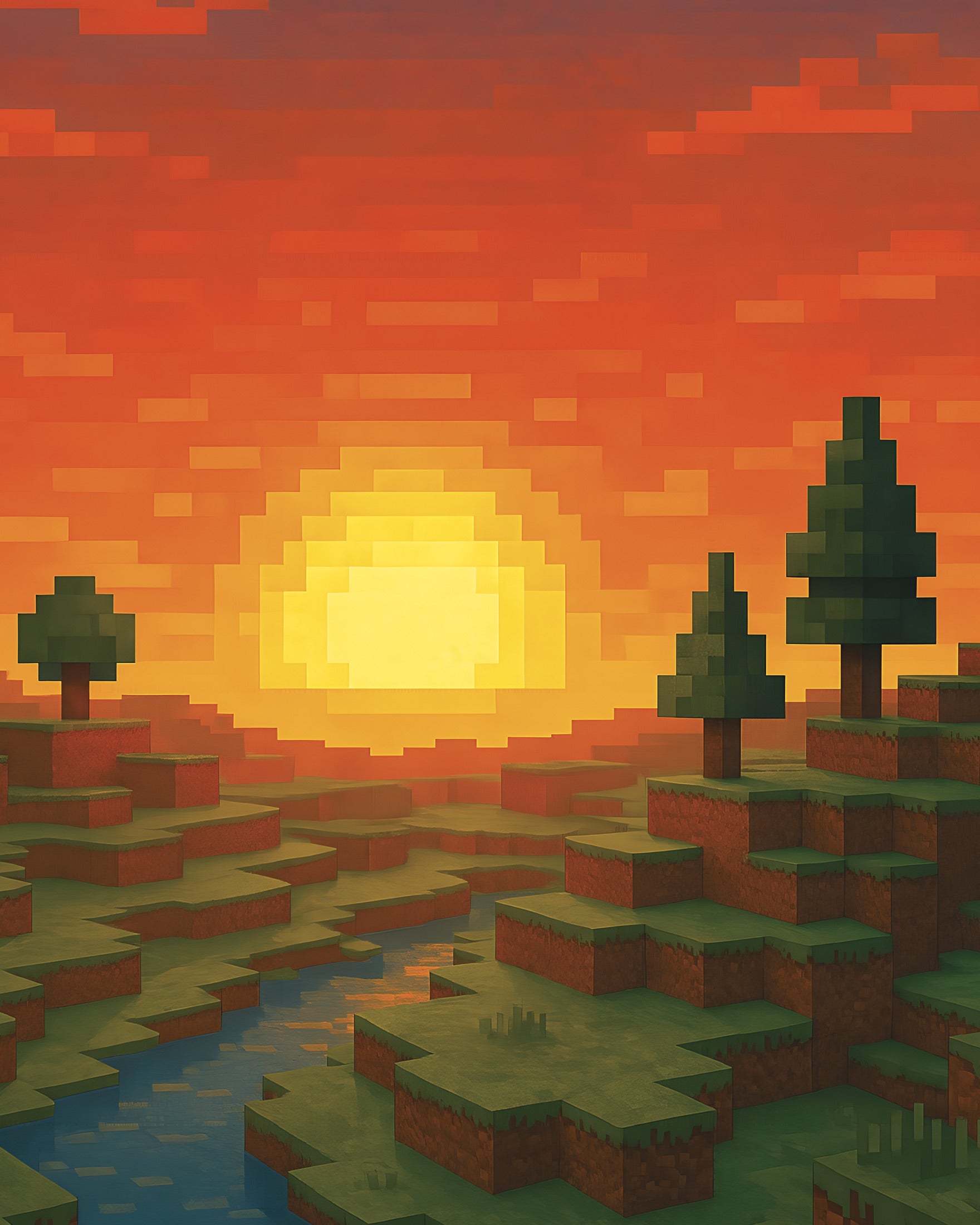 Minecraft Sunset – pixel art fan print featuring a river and woodland scenery