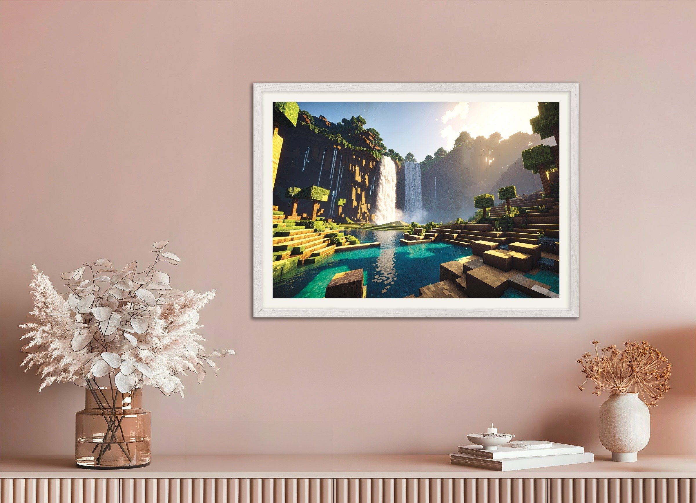 Poster of Minecraft waterfall landscape print, with white wooden frame