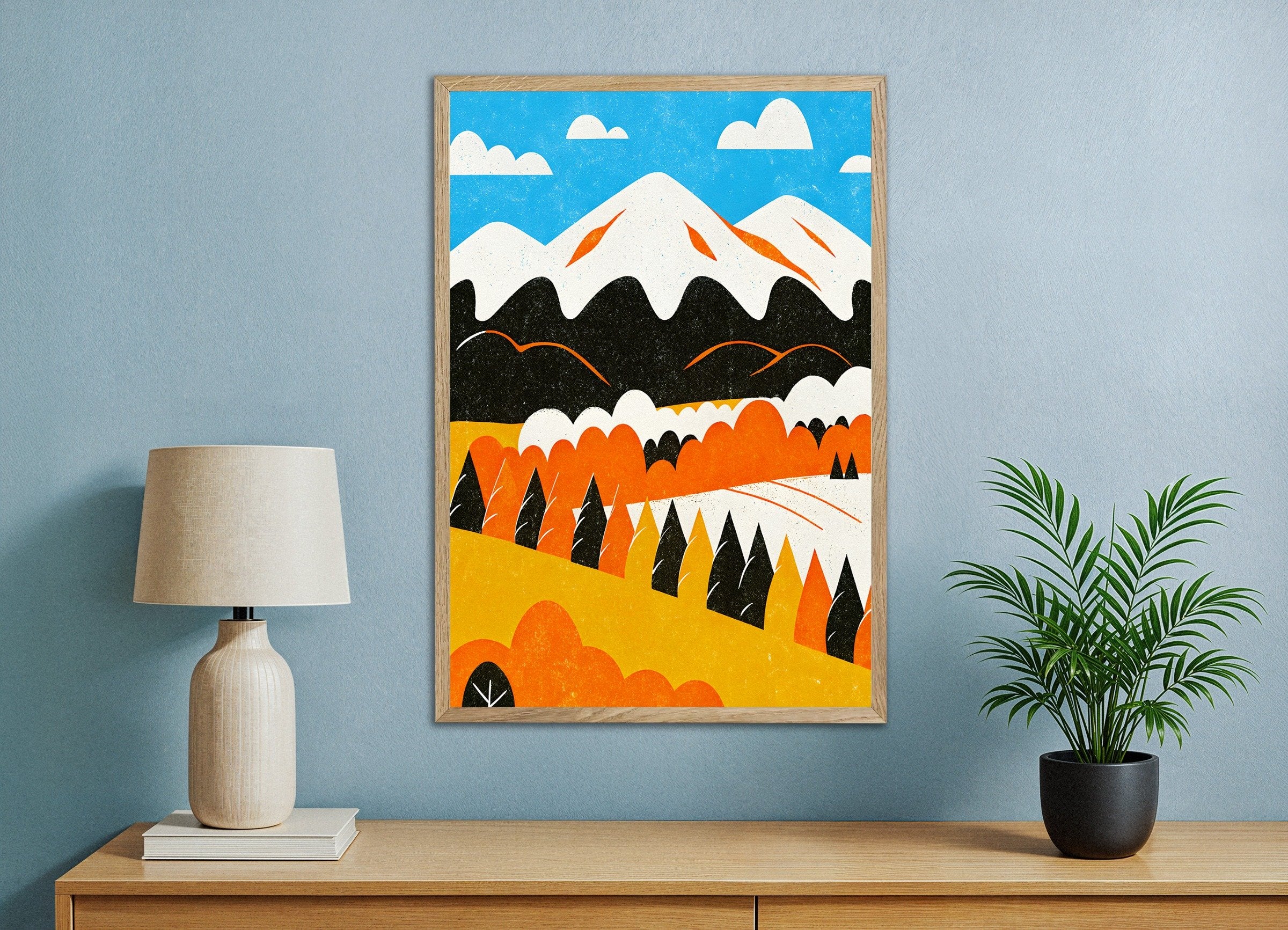 Poster of Modern Mountain Landscape – Graphic Nature Poster, with natural wooden frame