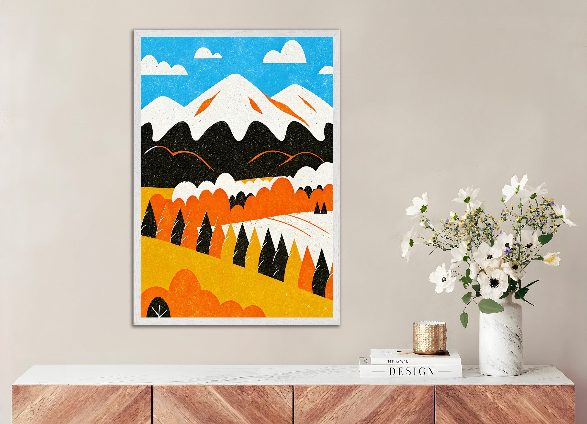 Poster of Modern Mountain Landscape – Graphic Nature Poster, with white wooden frame