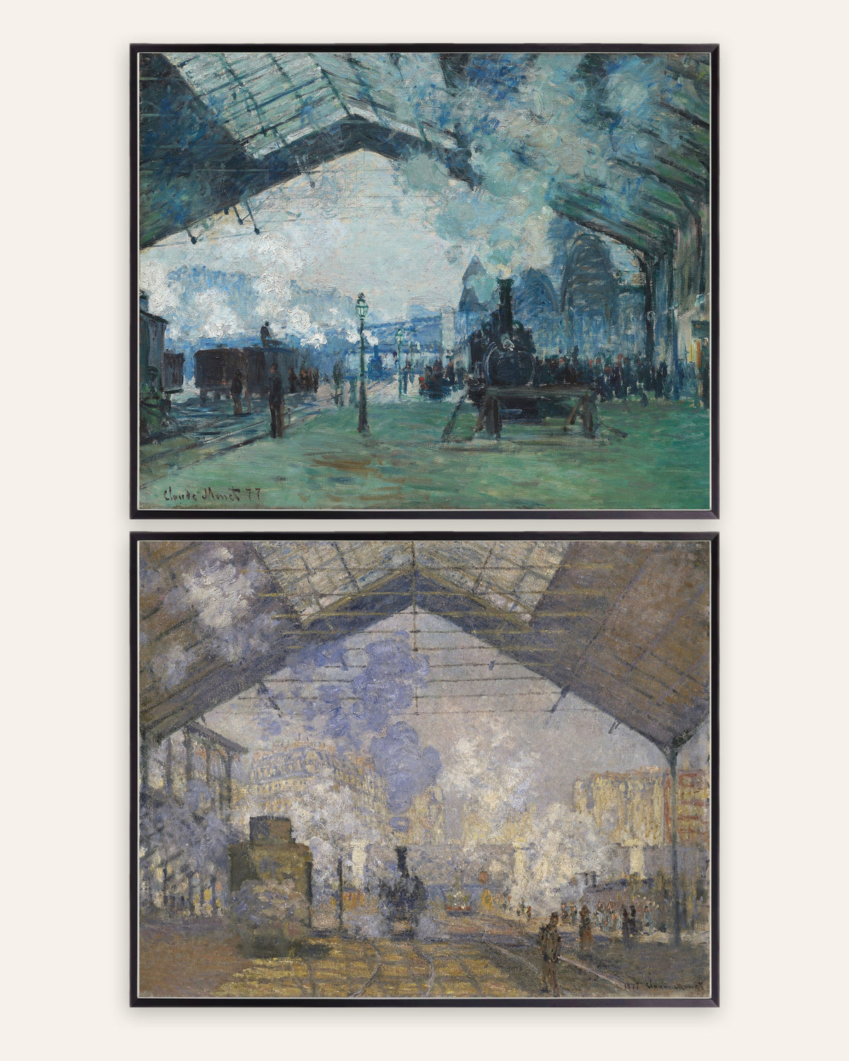 Monet Gare Saint-Lazare Prints Set of 2 – Steam & Trains, prints in black metal frames
