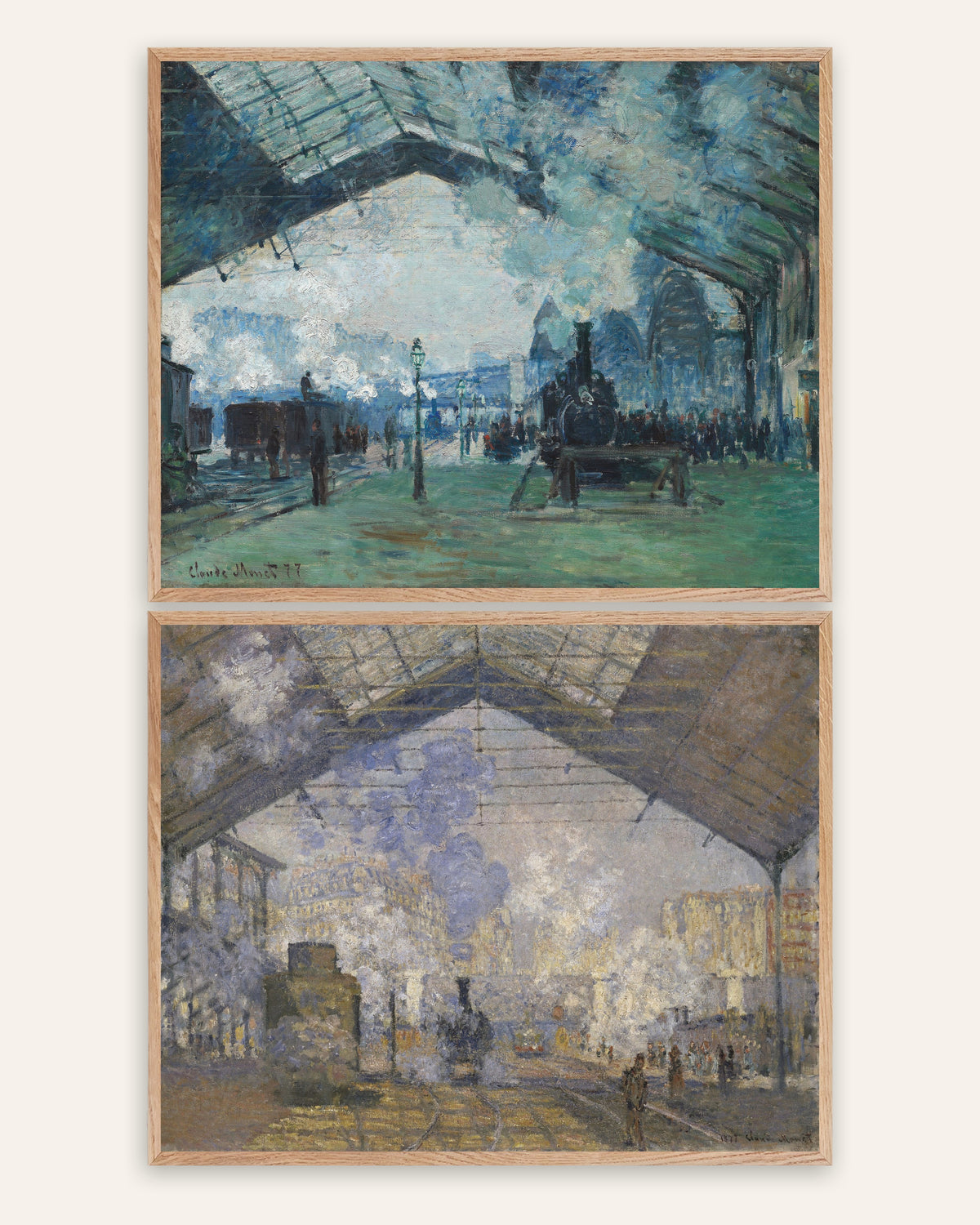 Monet Gare Saint-Lazare Prints Set of 2 – Steam & Trains, prints in natural oak frames
