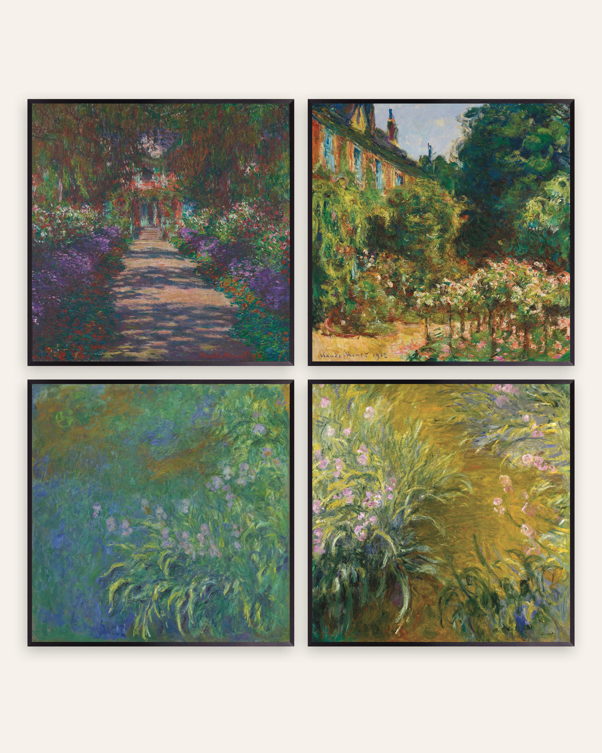 Monet Giverny Garden Prints Set of 4 – Avenue, House & Irises, prints in black metal frames