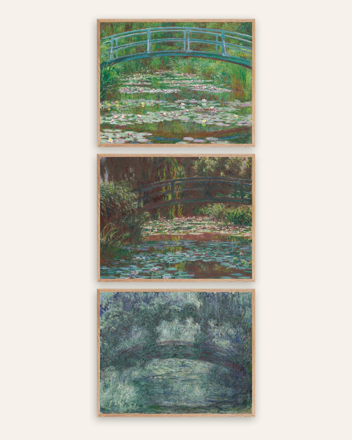 Monet Japanese Bridge Prints Set of 3 – Giverny, 1899 to 1924, prints in natural oak frames