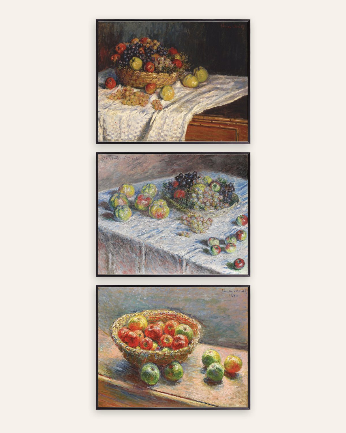 Monet Still Life Prints Set of 3 – Apples, Grapes & Basket, prints in black metal frames