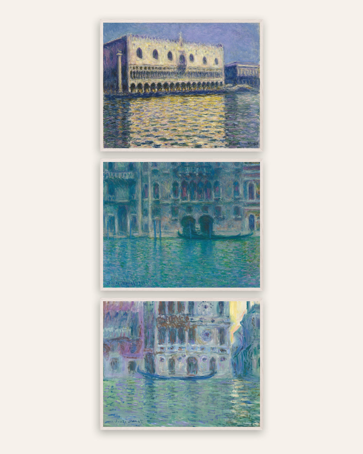 Monet Venice Prints Set of 3 – Doge’s Palace, Palazzo da Mula & Dario, prints in white oak frames
