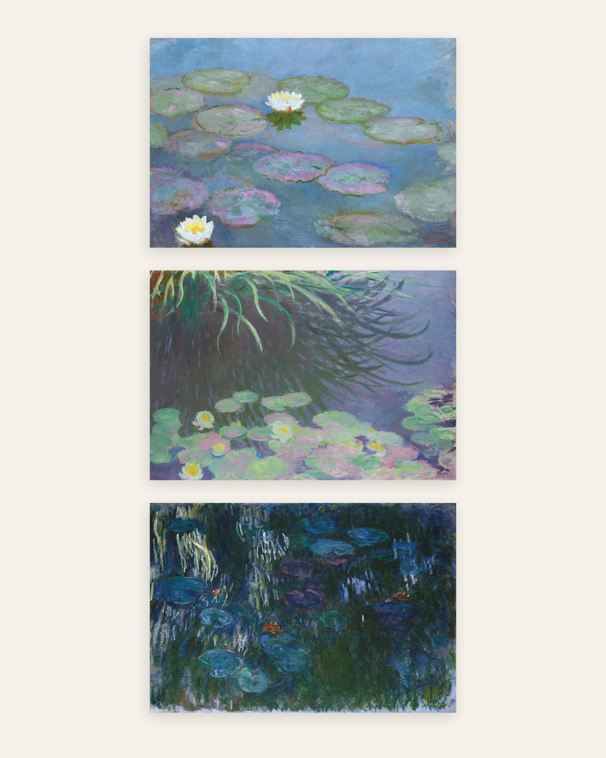 Monet Water Lilies Prints Set of 3 – Early & Late Panoramas, prints without frame