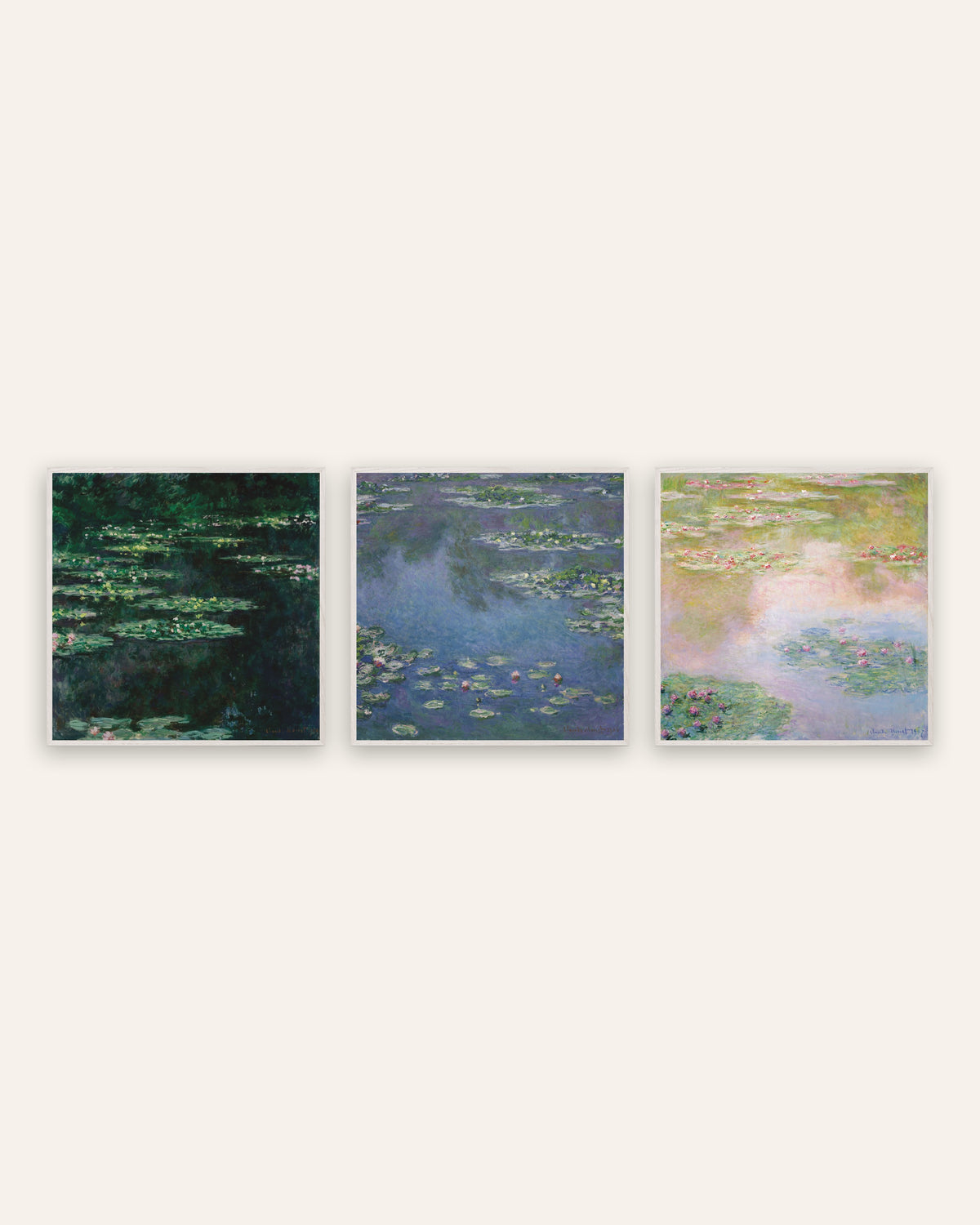 Monet Water Lilies Prints Set of 3 – Square Pond Views, prints in white oak frames