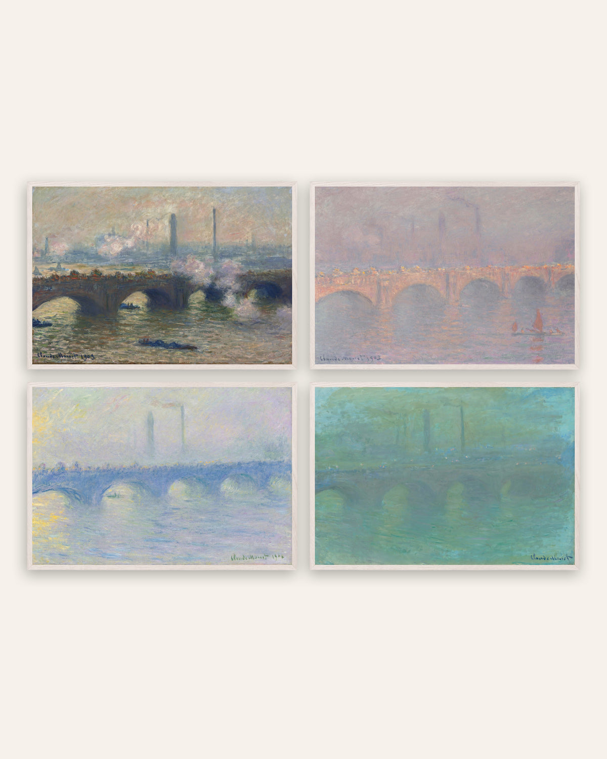 Monet Waterloo Bridge Prints Set of 4 – Gray Day, Hazy Sun, Mist & Dusk, prints in white oak frames
