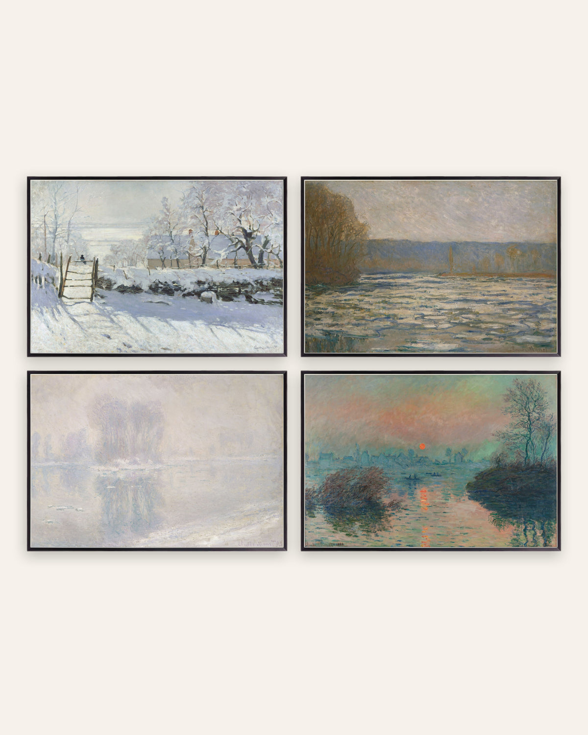 Monet Winter Prints Set of 4 – The Magpie, Ice & Winter Sunset, prints in black metal frames