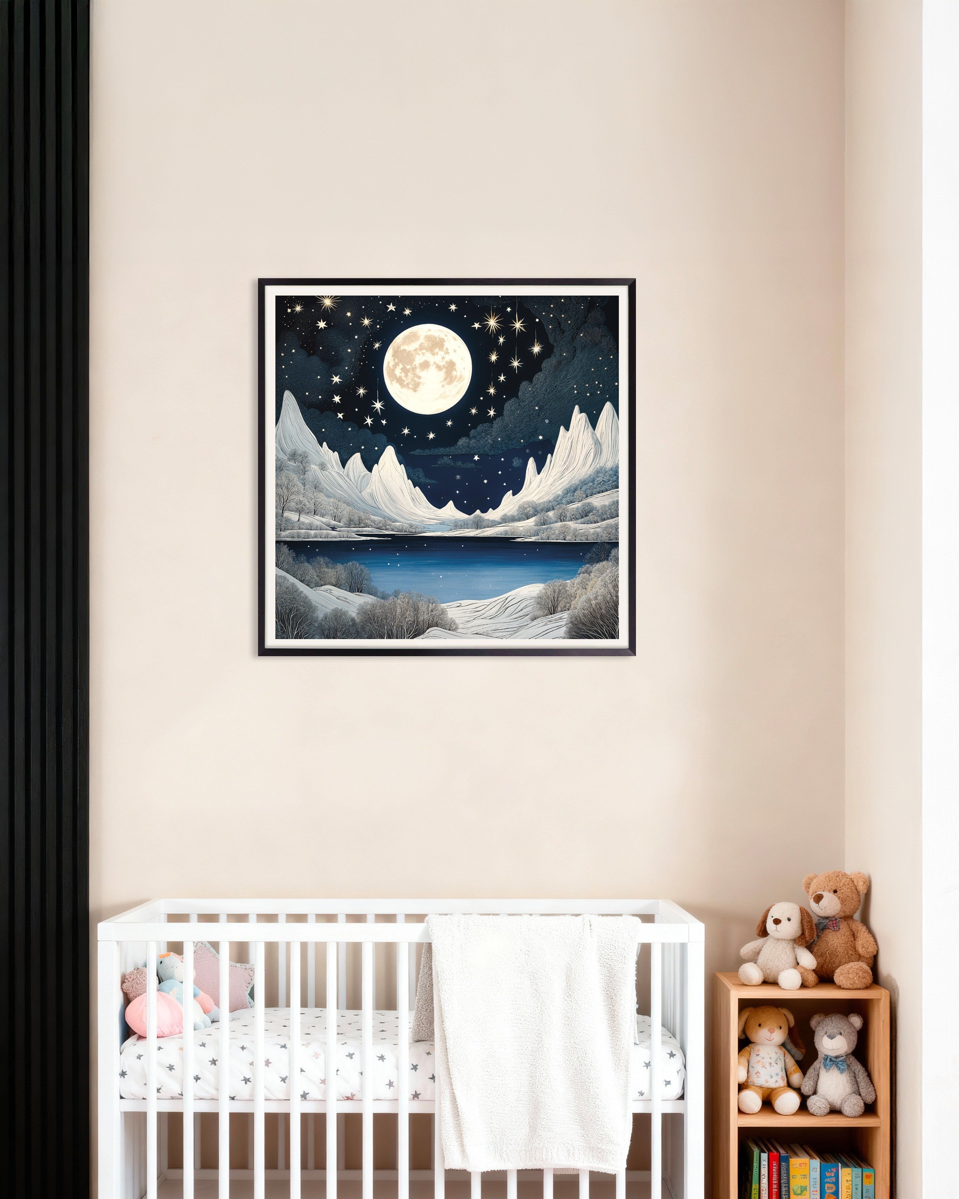 Poster of Moomin inspired winter landscape print, with metal frame