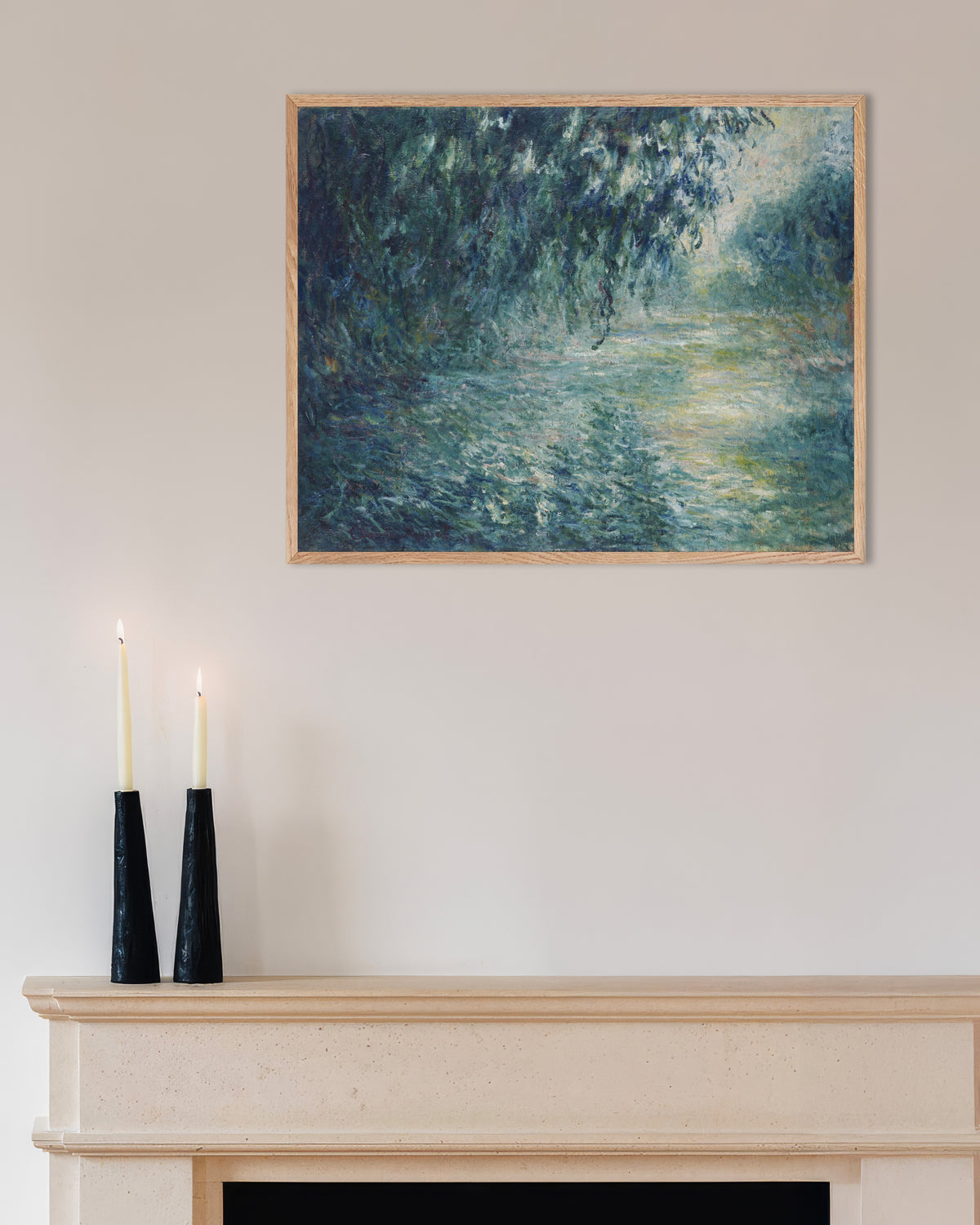 Poster of Morning on the Seine (1898) by Claude Monet, with natural wooden frame