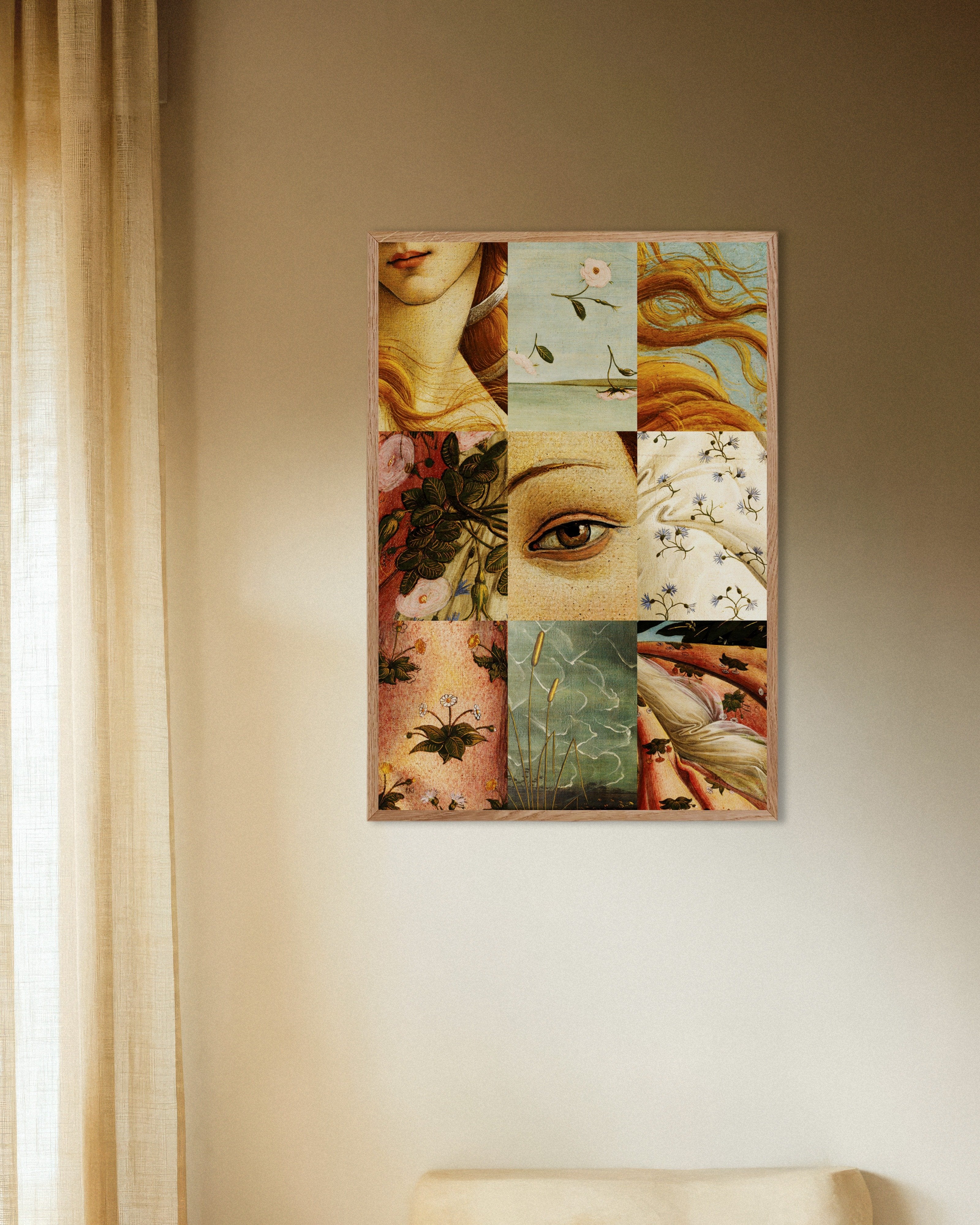 Poster of Mosaic of Botticelli’s Venus details Poster, with natural wooden frame