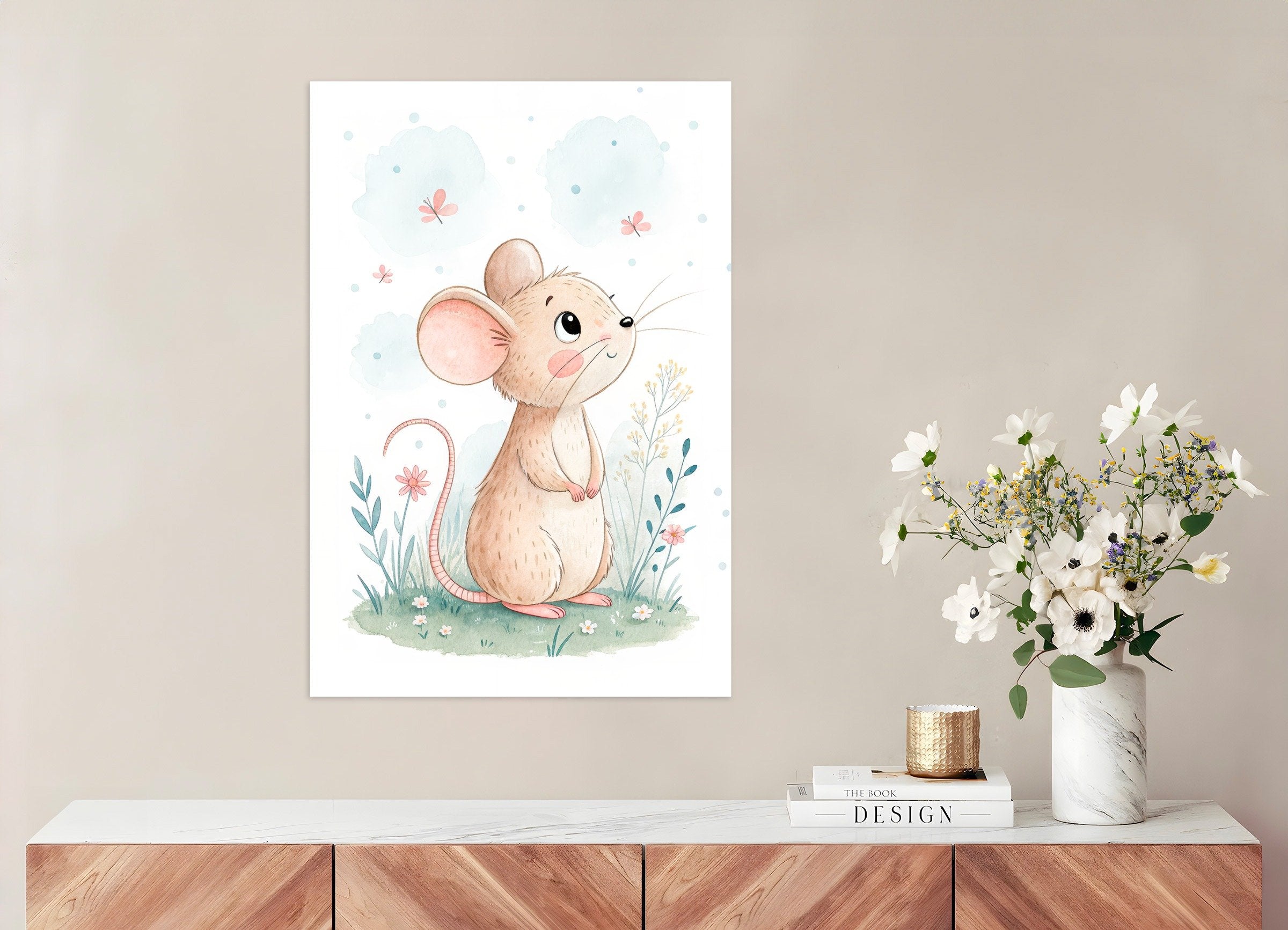 Mouse Poster - Cute Nursery Wall Art with Flowers
