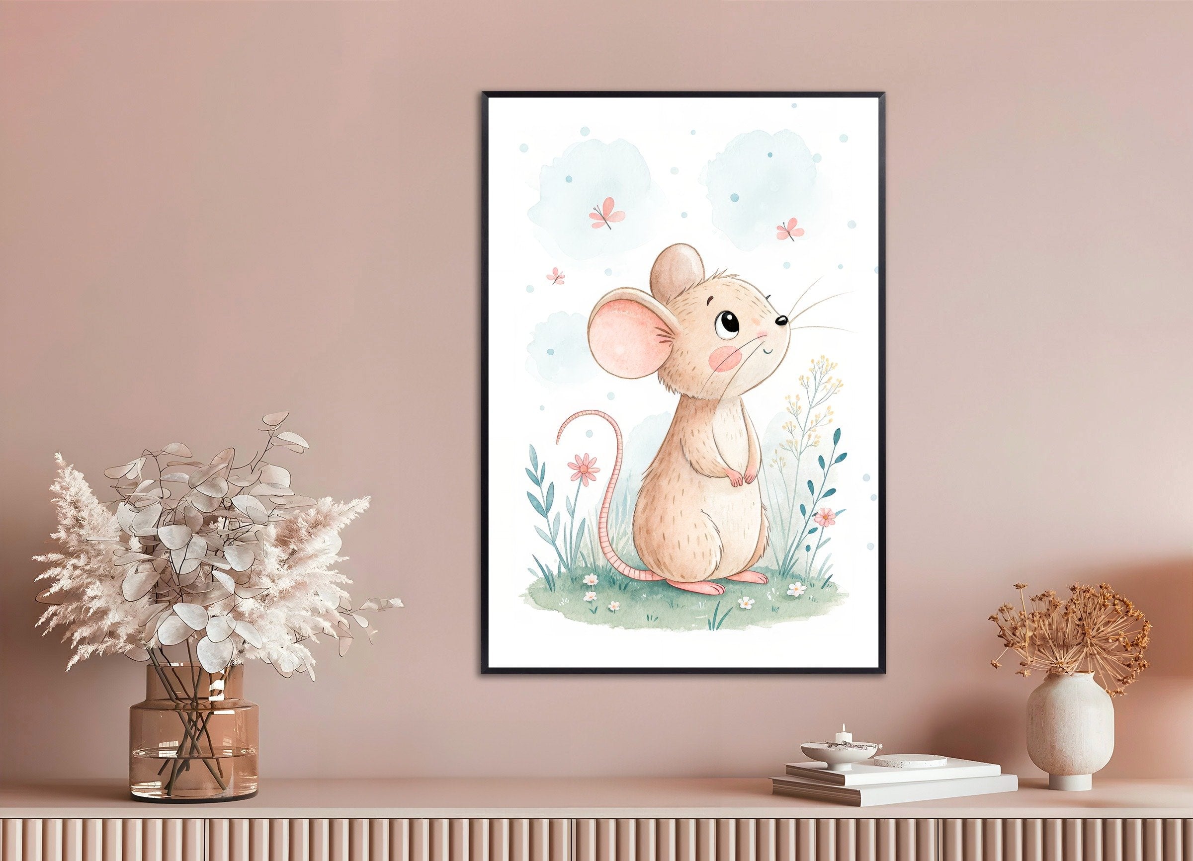 Mouse Poster - Cute Nursery Wall Art with Flowers, with metal frame