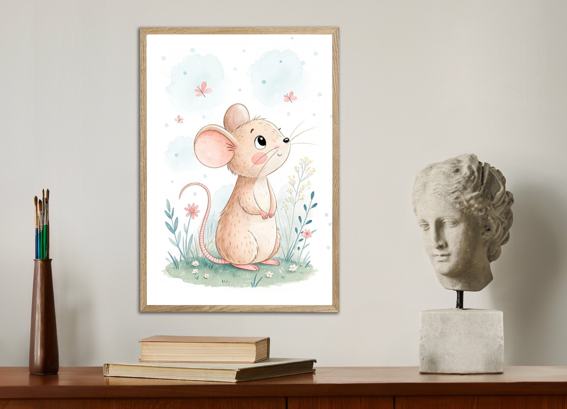 Mouse Poster - Cute Nursery Wall Art with Flowers, with natural wooden frame