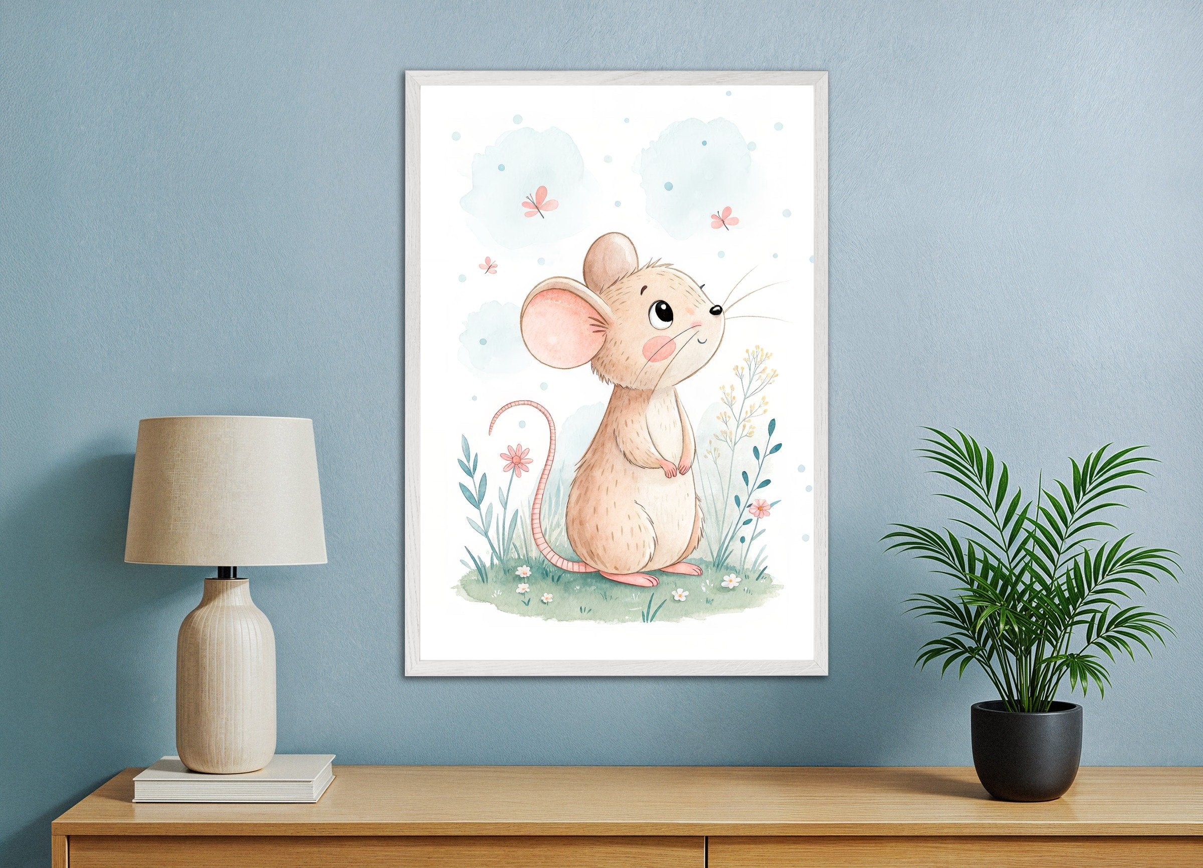 Mouse Poster - Cute Nursery Wall Art with Flowers, with white wooden frame