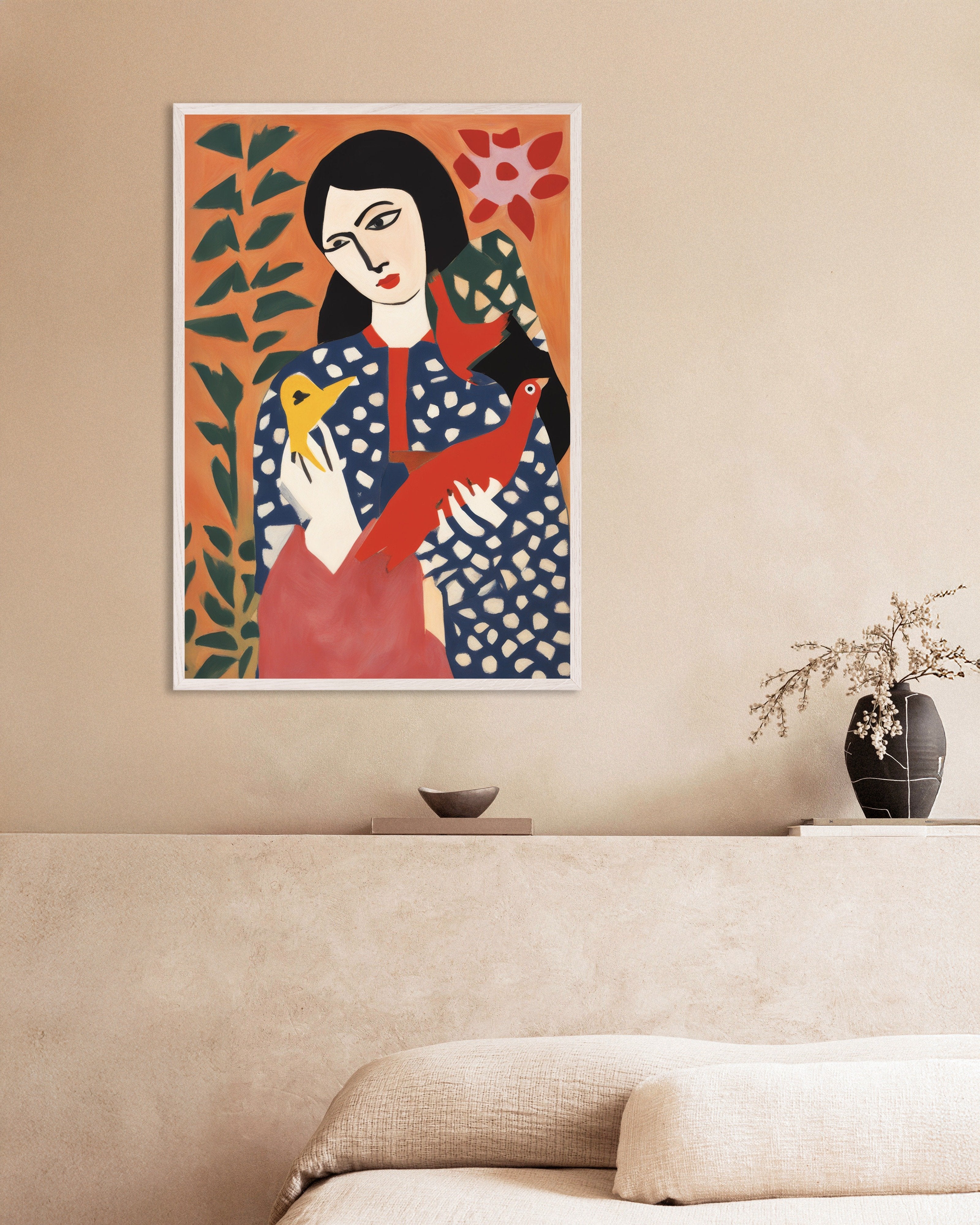 Poster of Natasha with birds art print, with white wooden frame