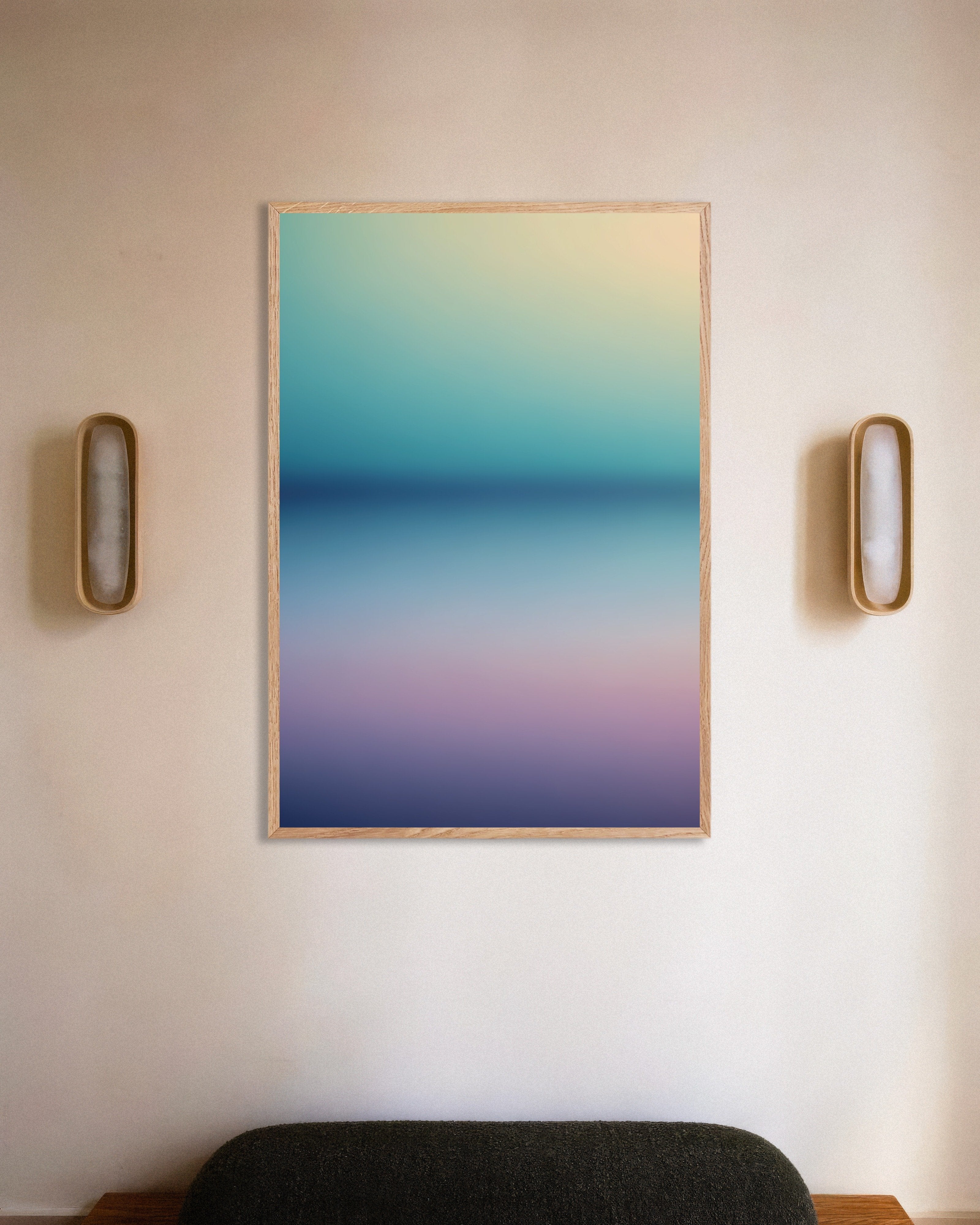 Poster of Ocean Haze Gradient Poster - Blue to Purple, with natural wooden frame