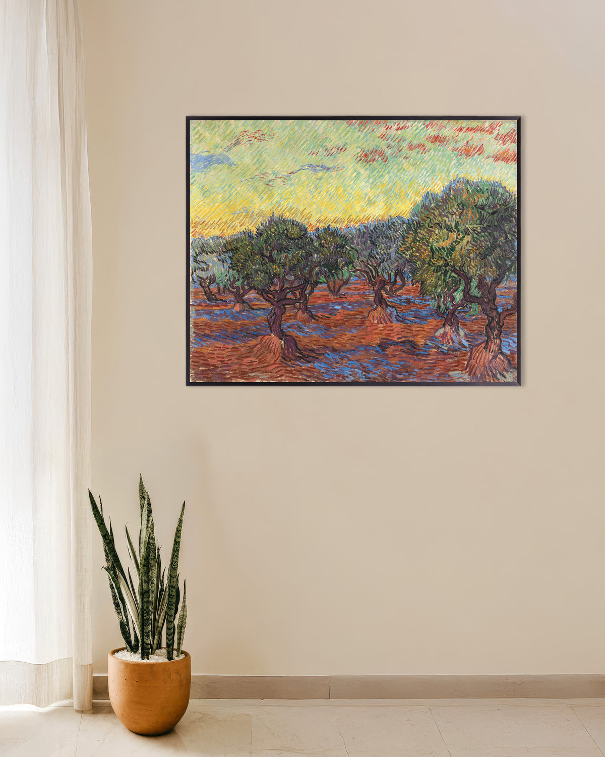 Poster of Olive Grove with Orange Sky (1889) by Vincent van Gogh, with metal frame