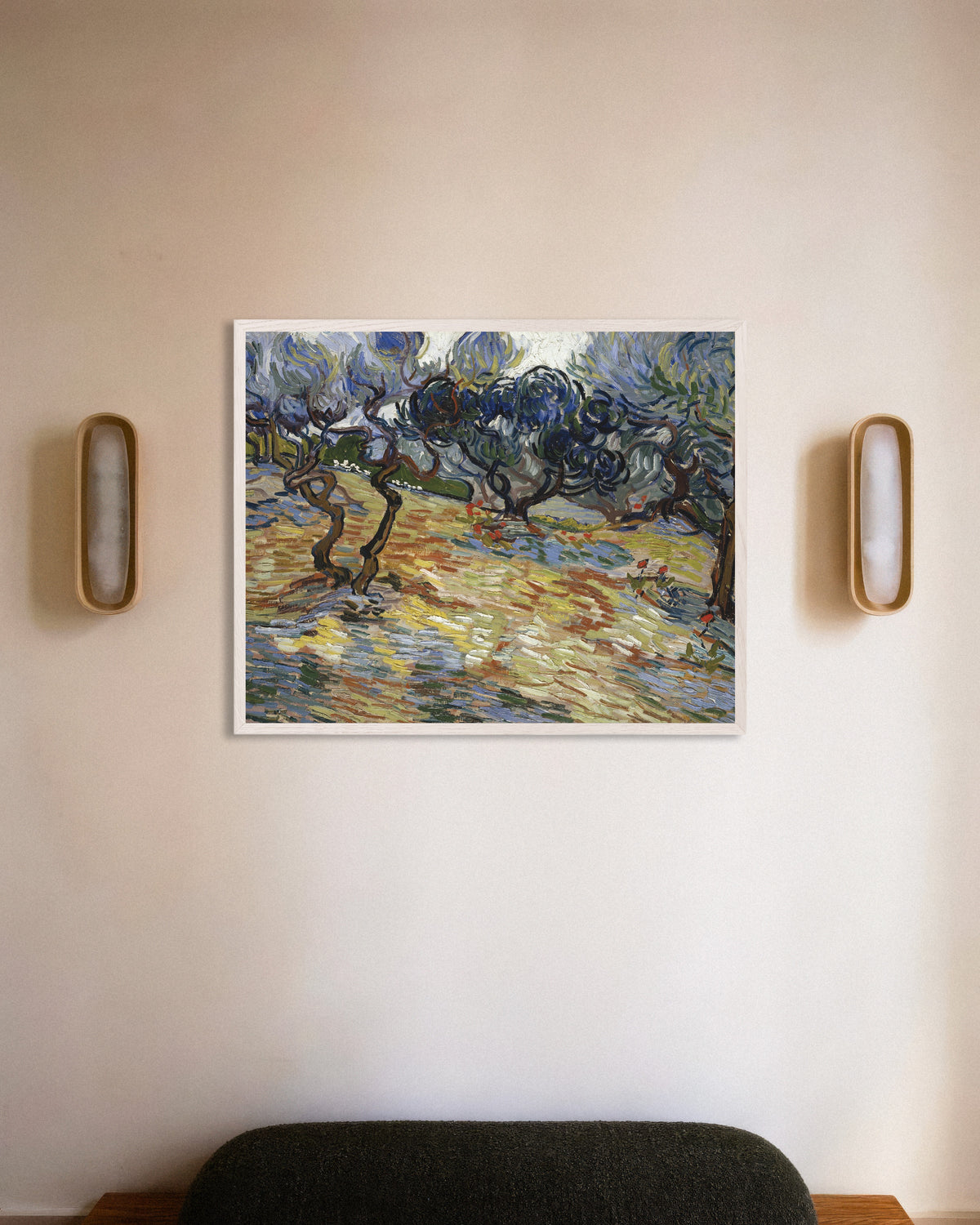 Poster of Olive Trees (1889) by Vincent van Gogh, with white wooden frame