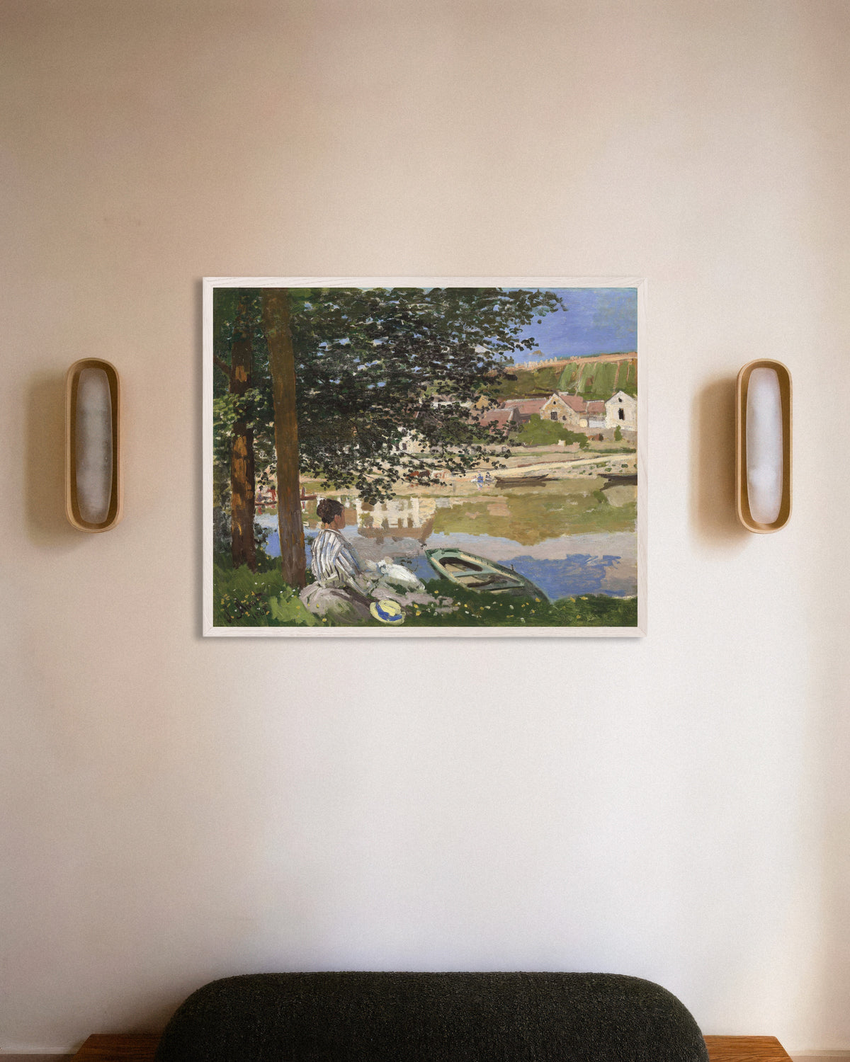 Poster of On the Bank of the Seine, Bennecourt (1868) by Claude Monet, with white wooden frame