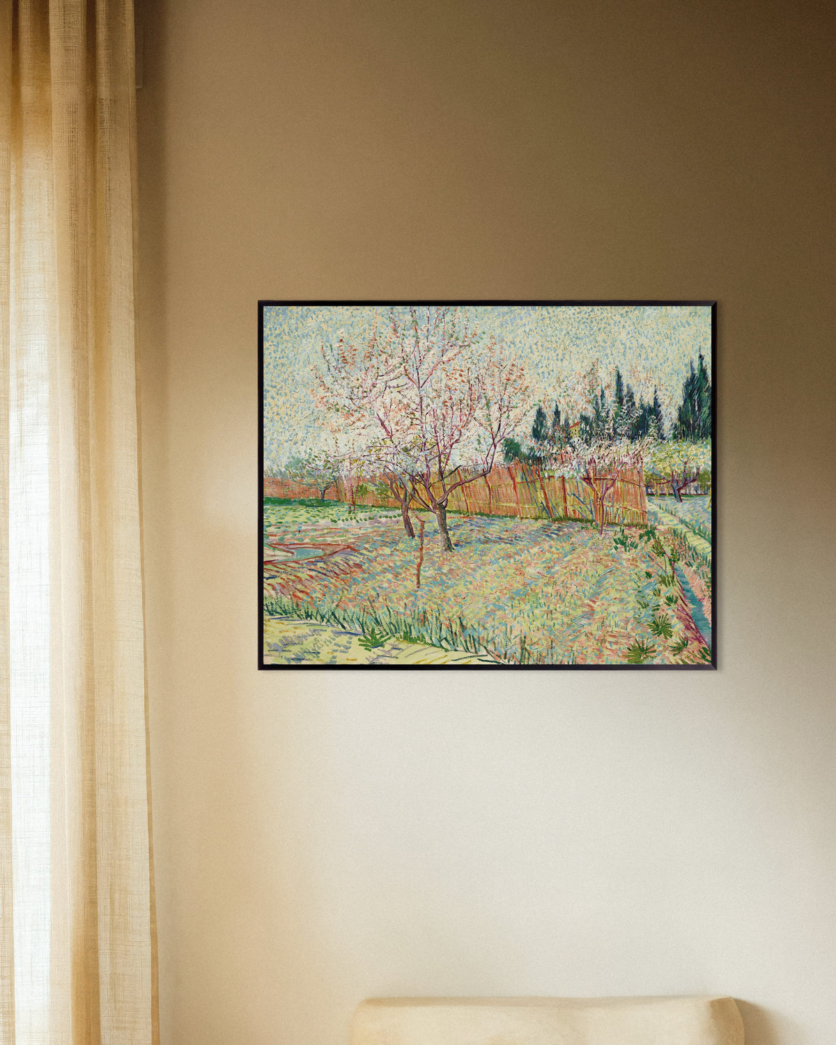 Poster of Orchard Bordered by Cypresses (1888) by Vincent van Gogh, with metal frame