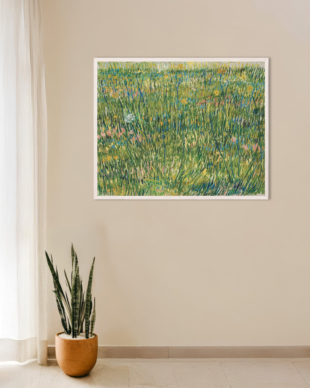 Poster of Patch of Grass (1887) by Vincent van Gogh, with white wooden frame