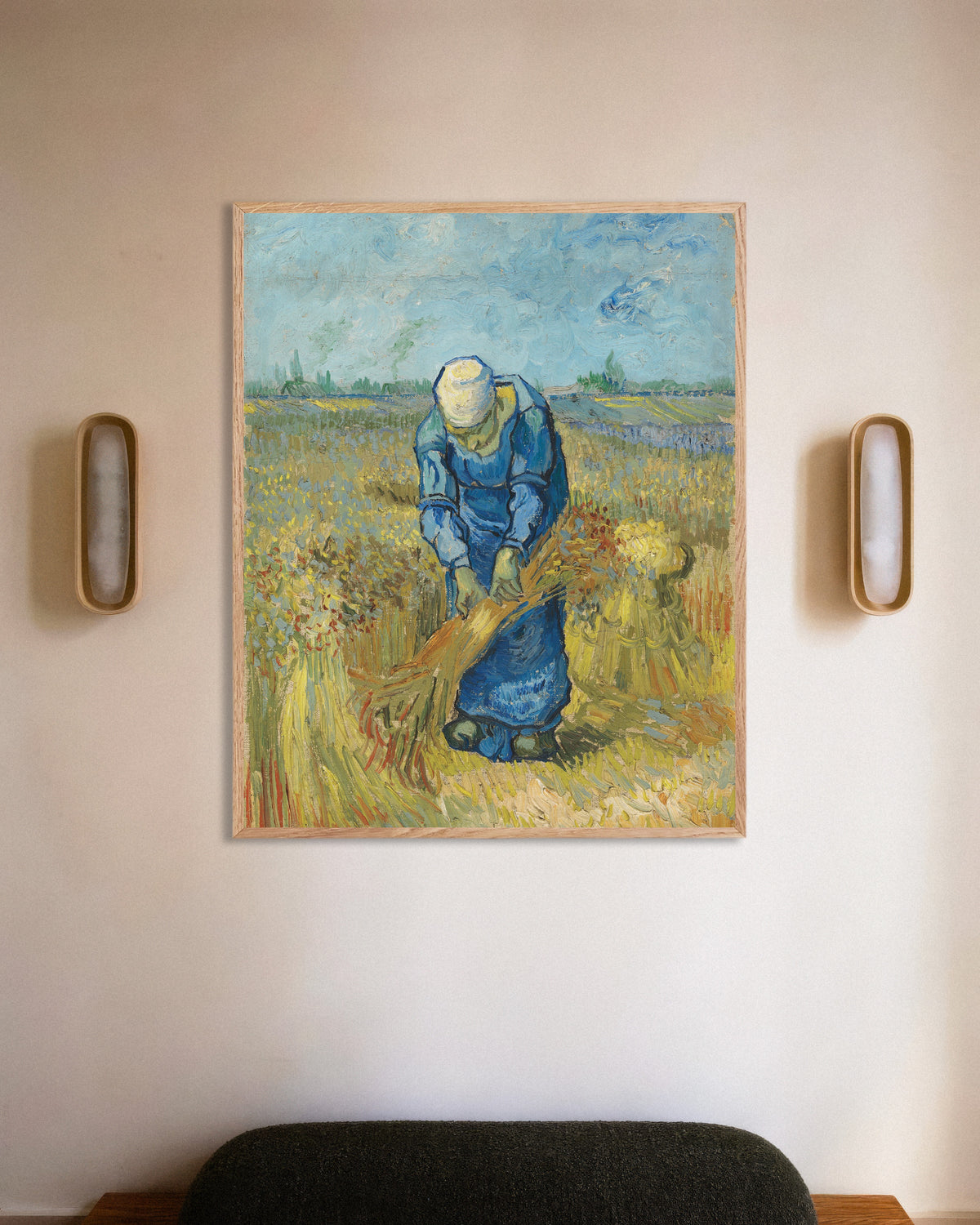 Poster of Peasant Woman Binding Sheaves, after Millet (1889) by Vincent van Gogh, with natural wooden frame