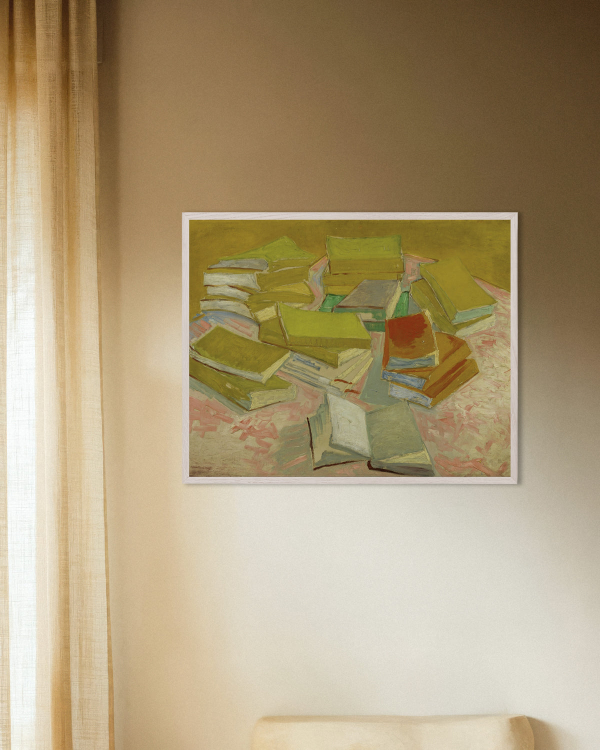 Poster of Piles of French Novels (1887) by Vincent van Gogh, with white wooden frame