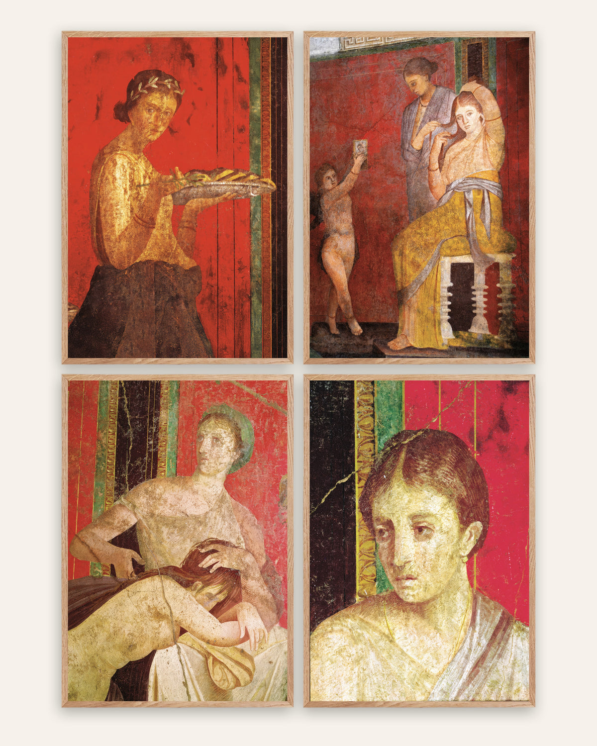 Pompeii Fresco Prints Set of 4 – Villa of the Mysteries, prints in natural oak frames