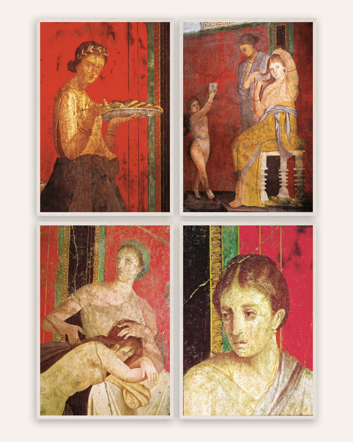 Pompeii Fresco Prints Set of 4 – Villa of the Mysteries, prints in white oak frames