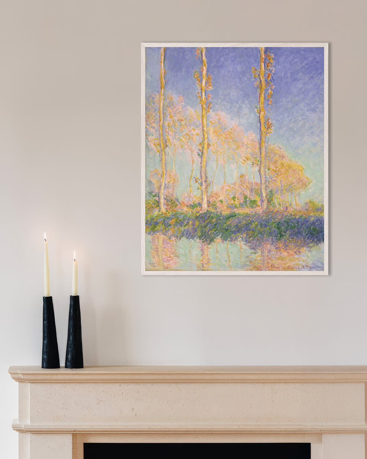 Poster of Poplars (1891) by Claude Monet, with white wooden frame