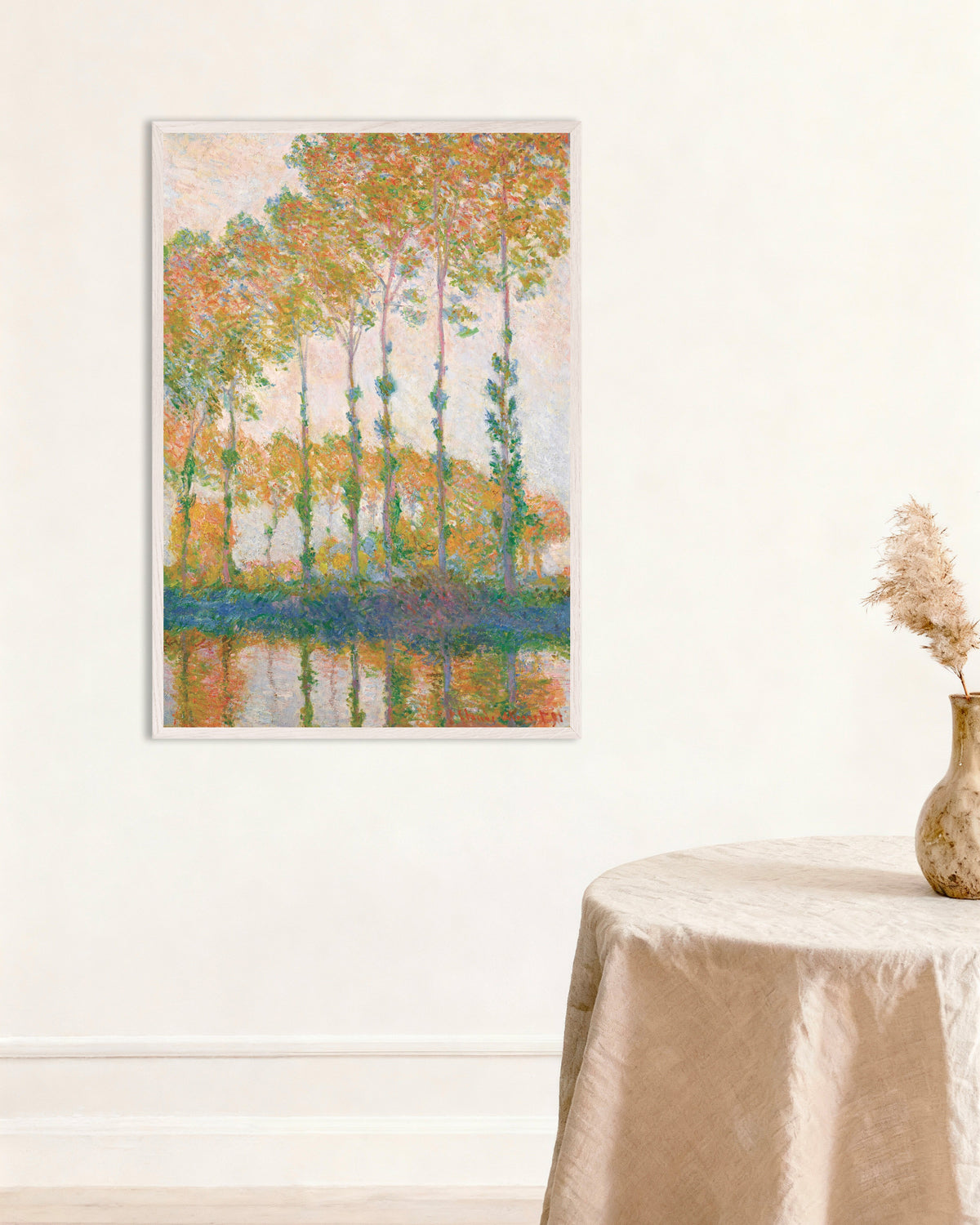 Poster of Poplars on the Banks of the Epte, Autumn (1891) by Claude Monet, with white wooden frame
