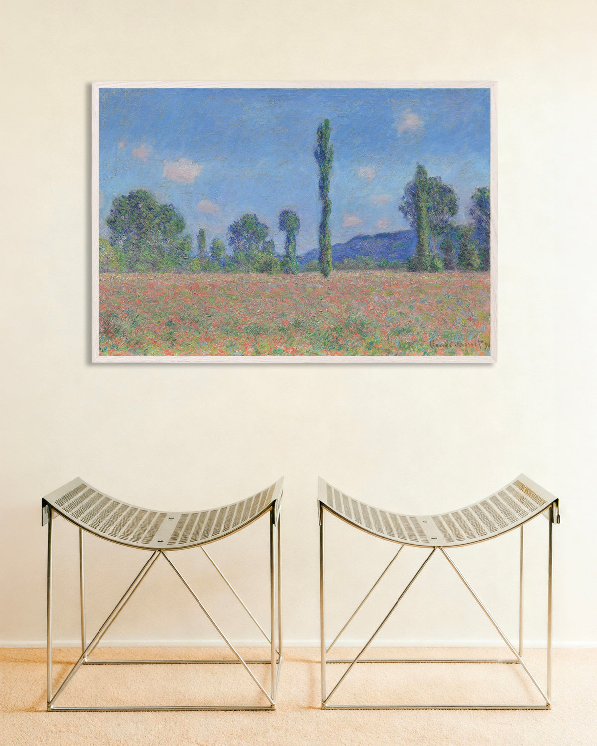 Poster of Poppy Field, Giverny (1890) by Claude Monet, with white wooden frame