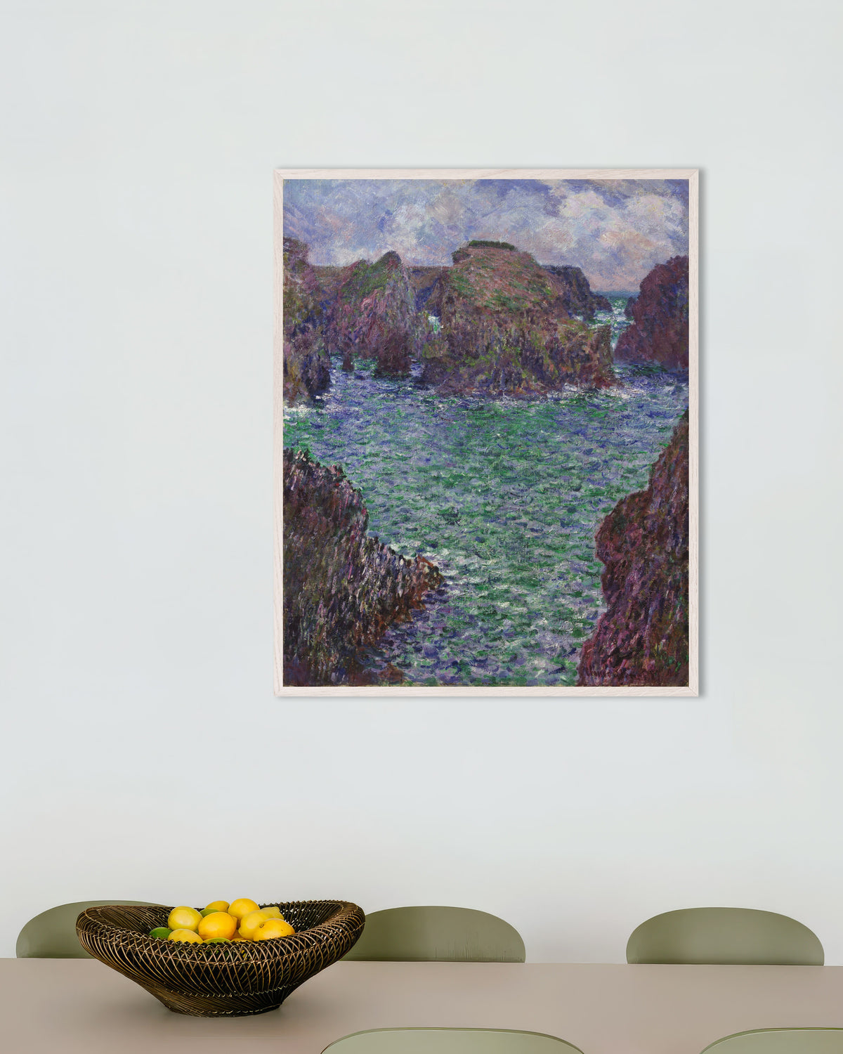 Poster of Port-Goulphar, Belle-Île (1887) by Claude Monet, with white wooden frame