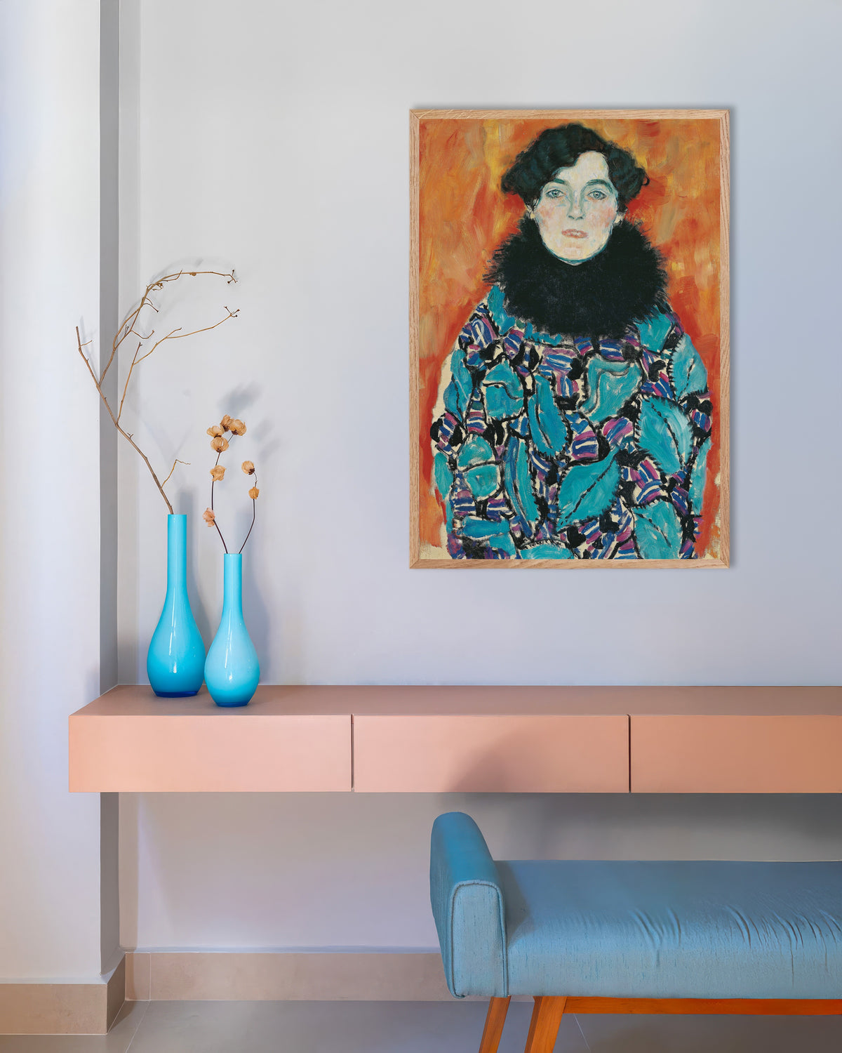 Poster of Portrait of Johanna Staude (1917) by Gustav Klimt, with natural wooden frame