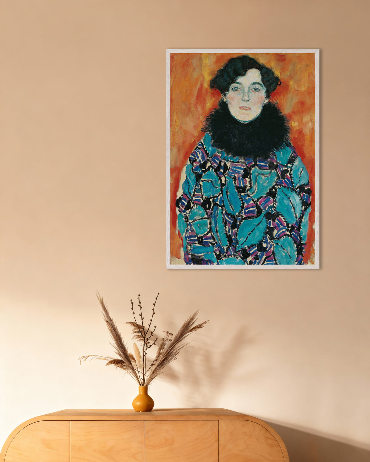 Poster of Portrait of Johanna Staude (1917) by Gustav Klimt, with white wooden frame