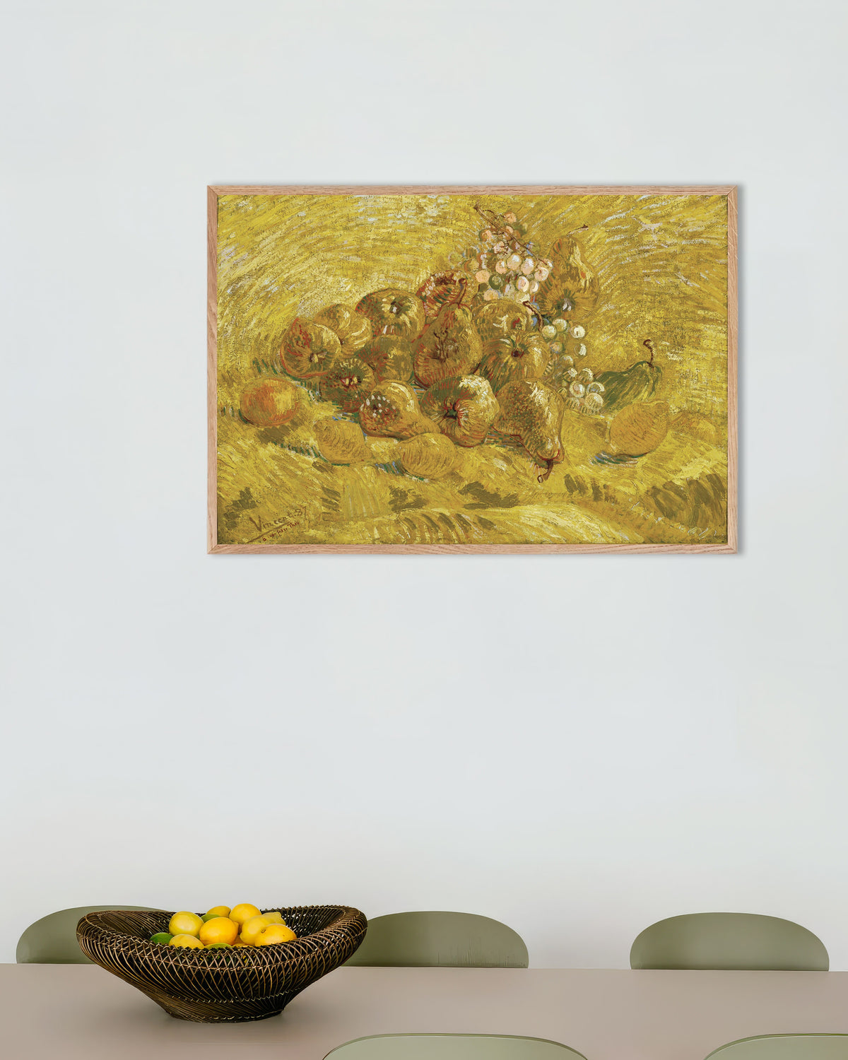 Poster of Quinces, Lemons, Pears and Grapes (1887) by Vincent van Gogh, with natural wooden frame
