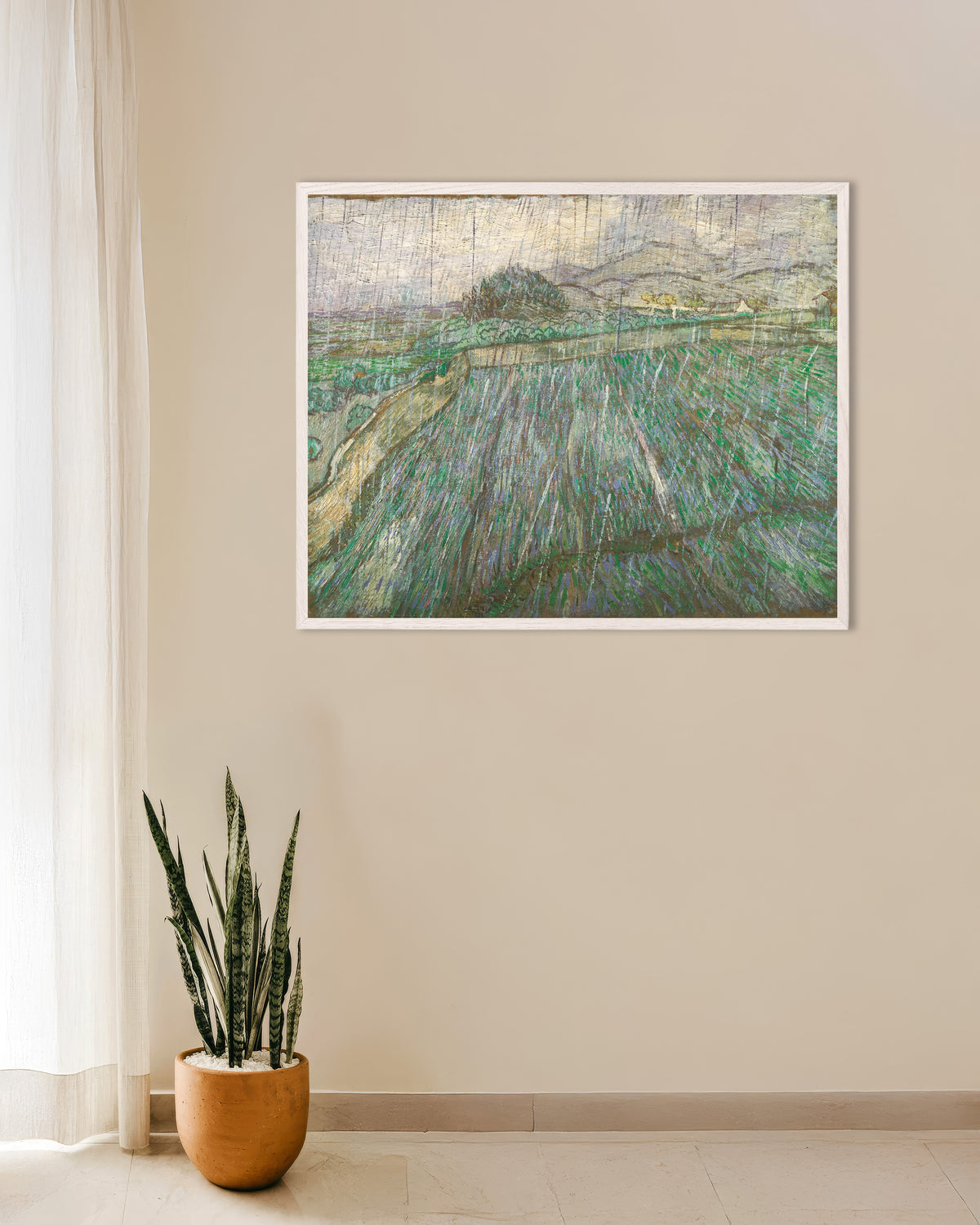 Poster of Rain (1889) by Vincent van Gogh, with white wooden frame