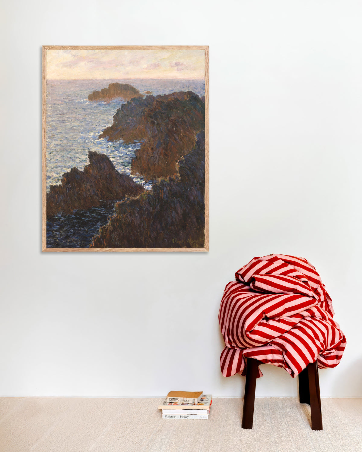 Poster of Rocks at Belle-Île, Port-Domois (1886) by Claude Monet, with natural wooden frame