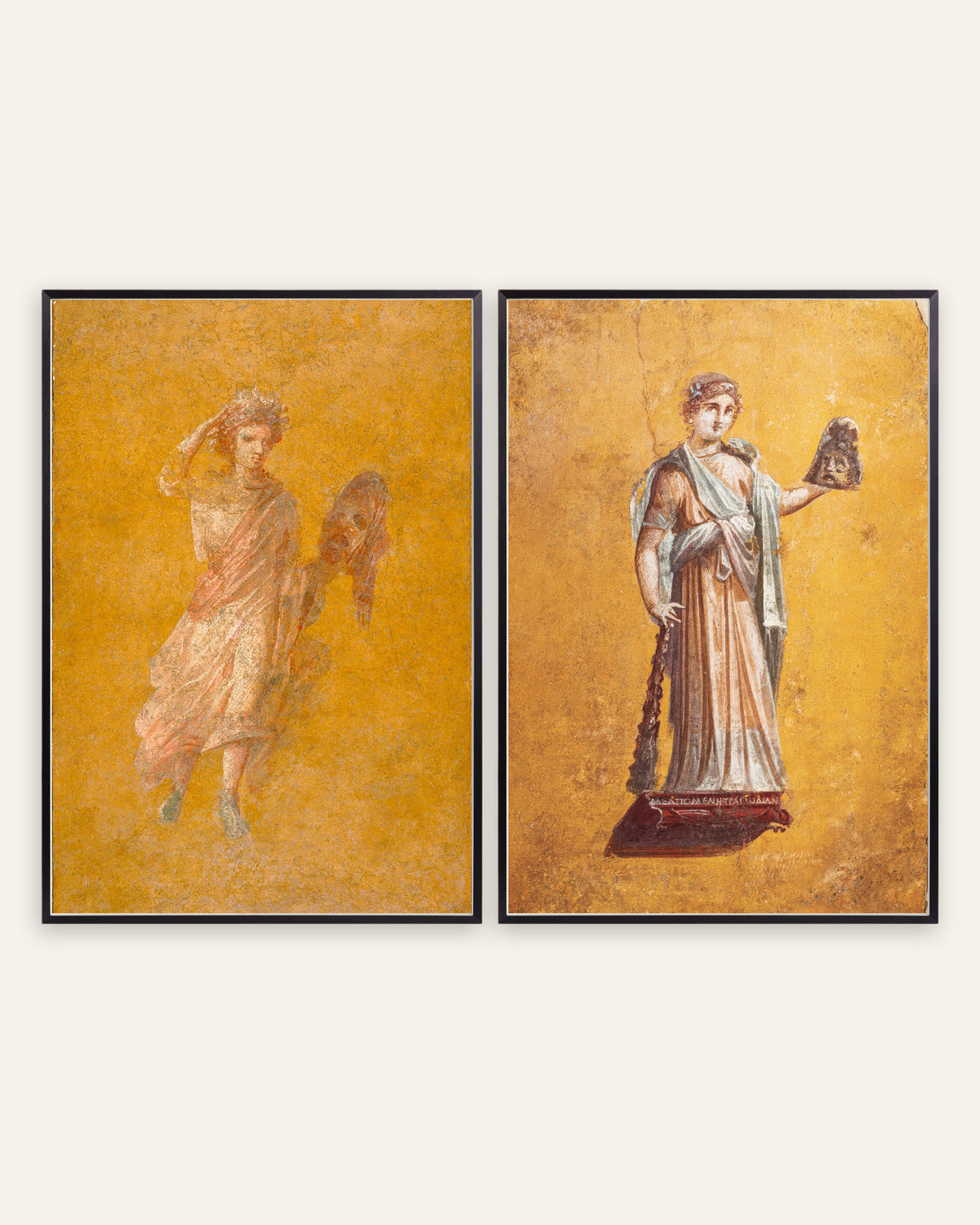 Roman Fresco Prints Set of 2 – Melpomene, Muse of Tragedy, prints in black metal frames