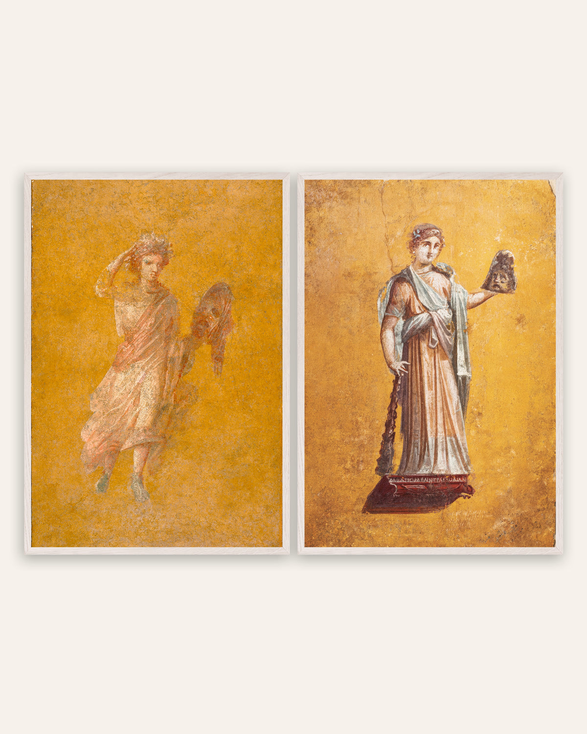 Roman Fresco Prints Set of 2 – Melpomene, Muse of Tragedy, prints in white oak frames