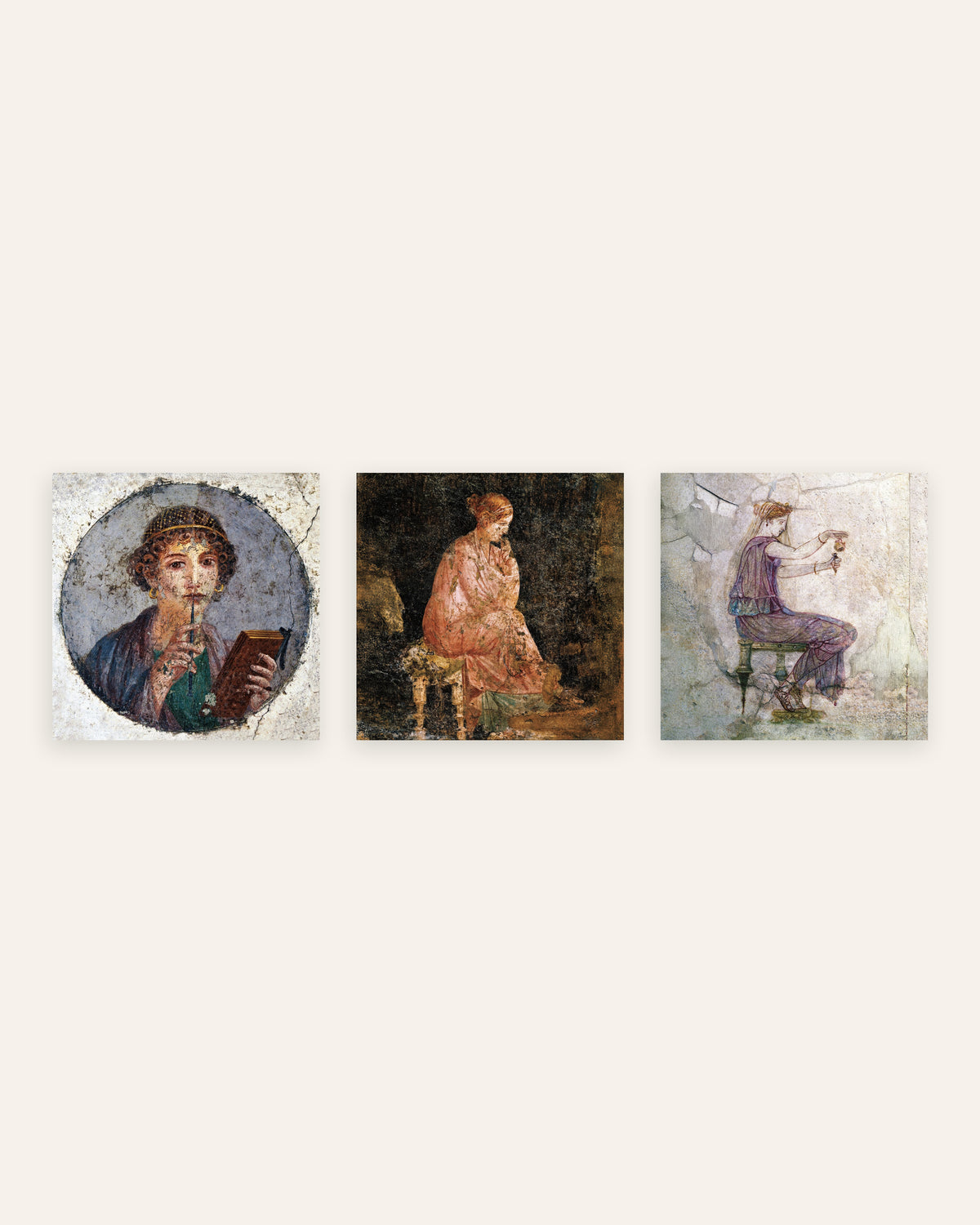 Roman Fresco Prints Set of 3 – Sappho, Seated Woman & Perfume, prints without frame