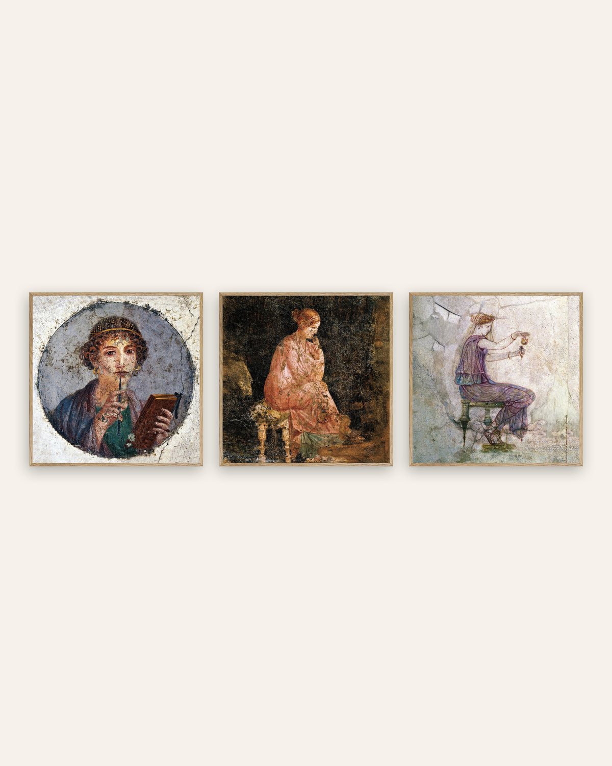 Roman Fresco Prints Set of 3 – Sappho, Seated Woman & Perfume, prints in natural oak frames