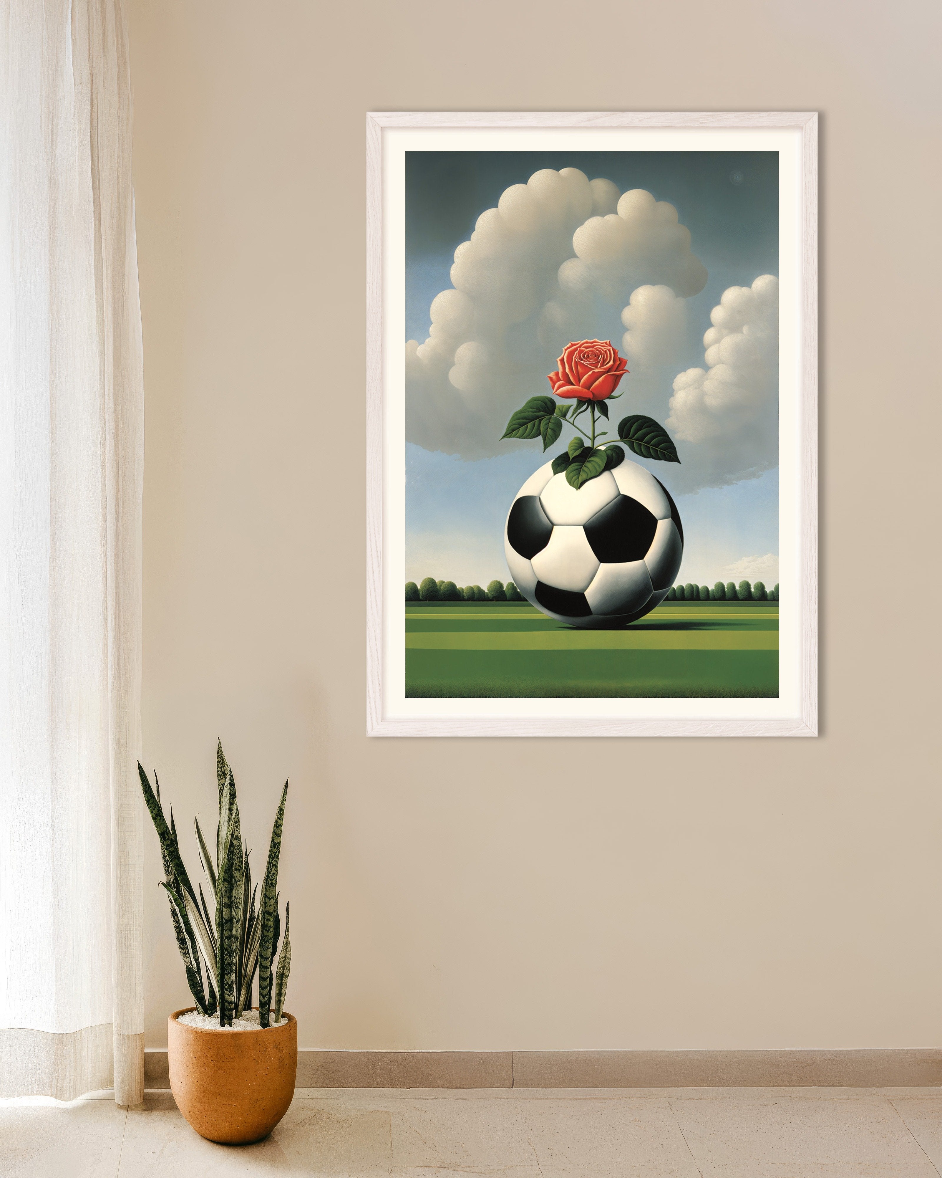 Poster of Rose on the Pitch - Surreal Soccer Ball Poster, with white wooden frame