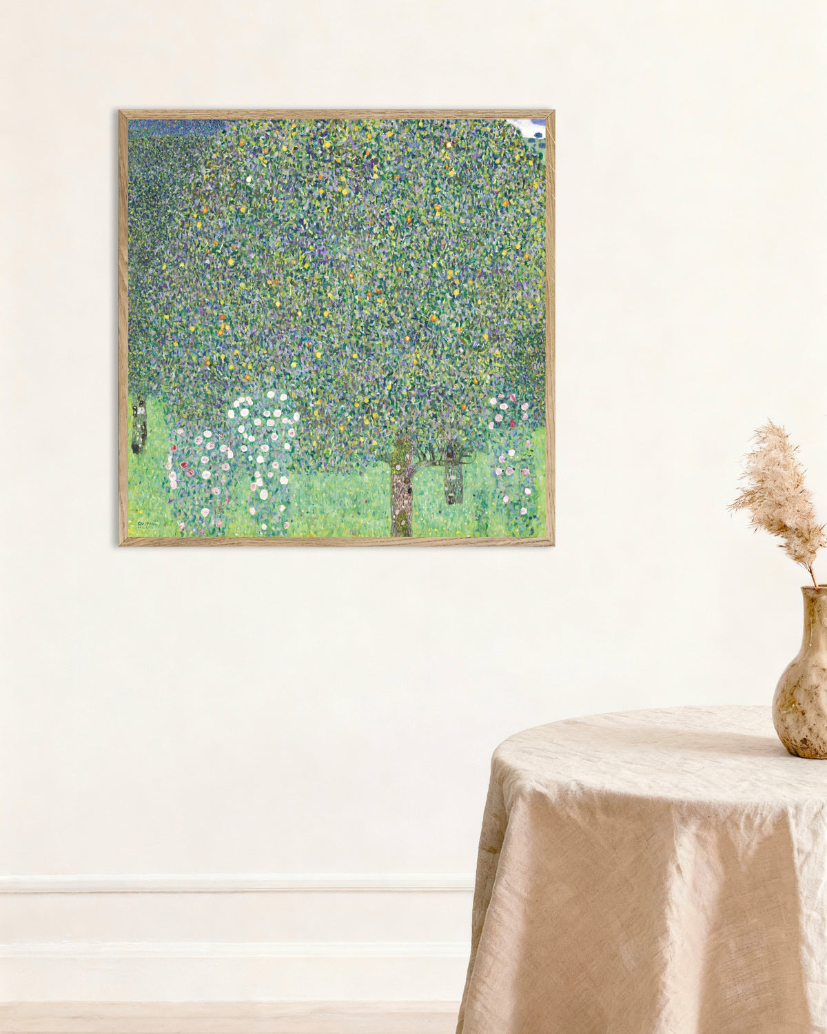 Poster of Rosebushes under the Trees (1905) by Gustav Klimt, with natural wooden frame