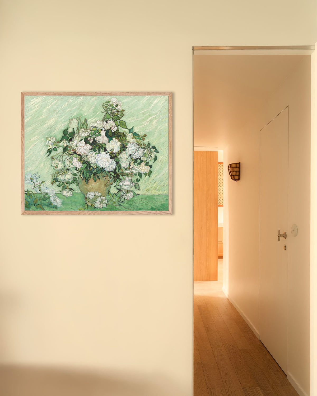 Poster of Roses (1890) by Vincent van Gogh, with natural wooden frame